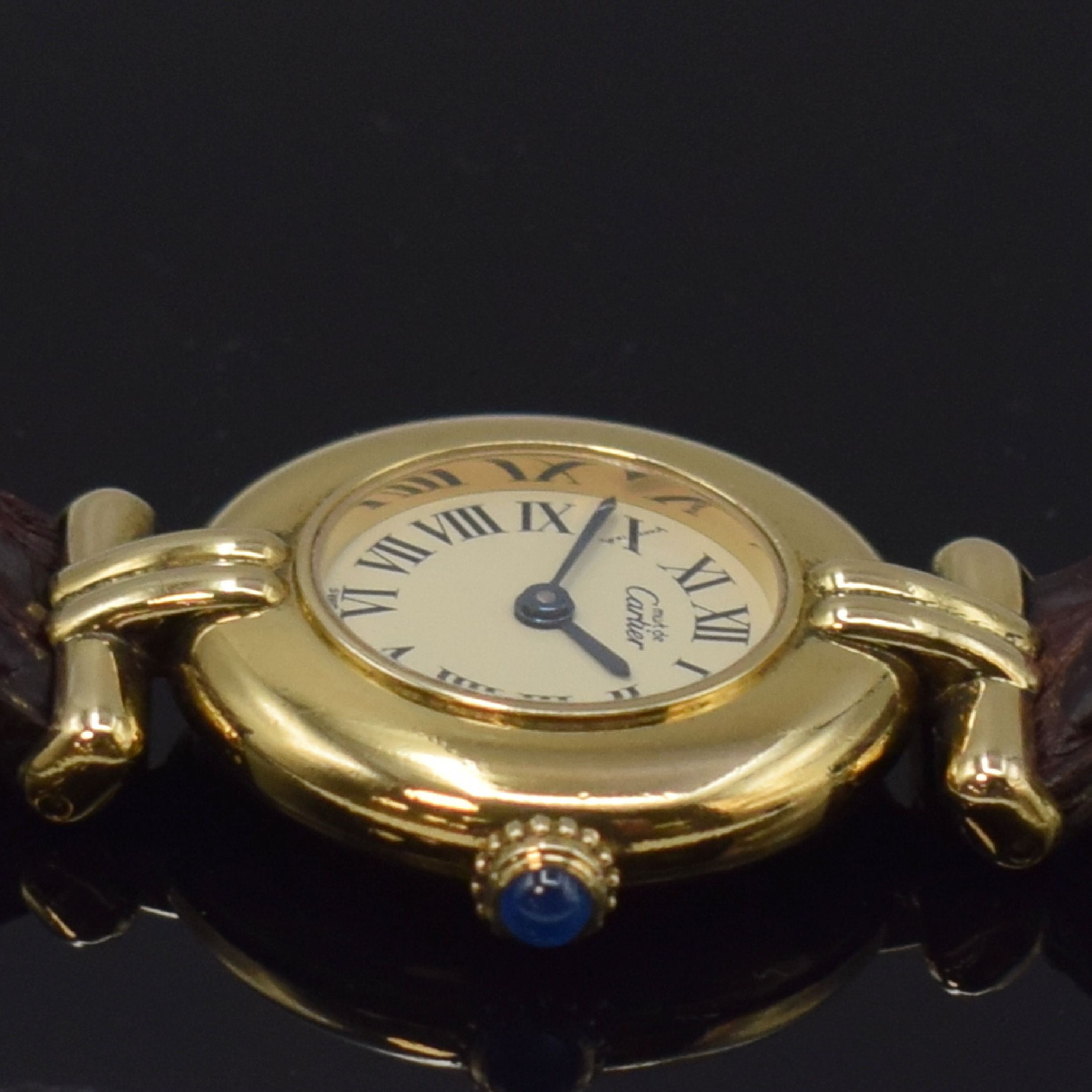 Detail c: CARTIER Damenarmbanduhr Vermeil Referenz 590002, Schweiz um 1990, quarz, 2-tlg. verg. Silbergeh., orig. Lederband m. verg. Schließe, Boden 2-fach ...
