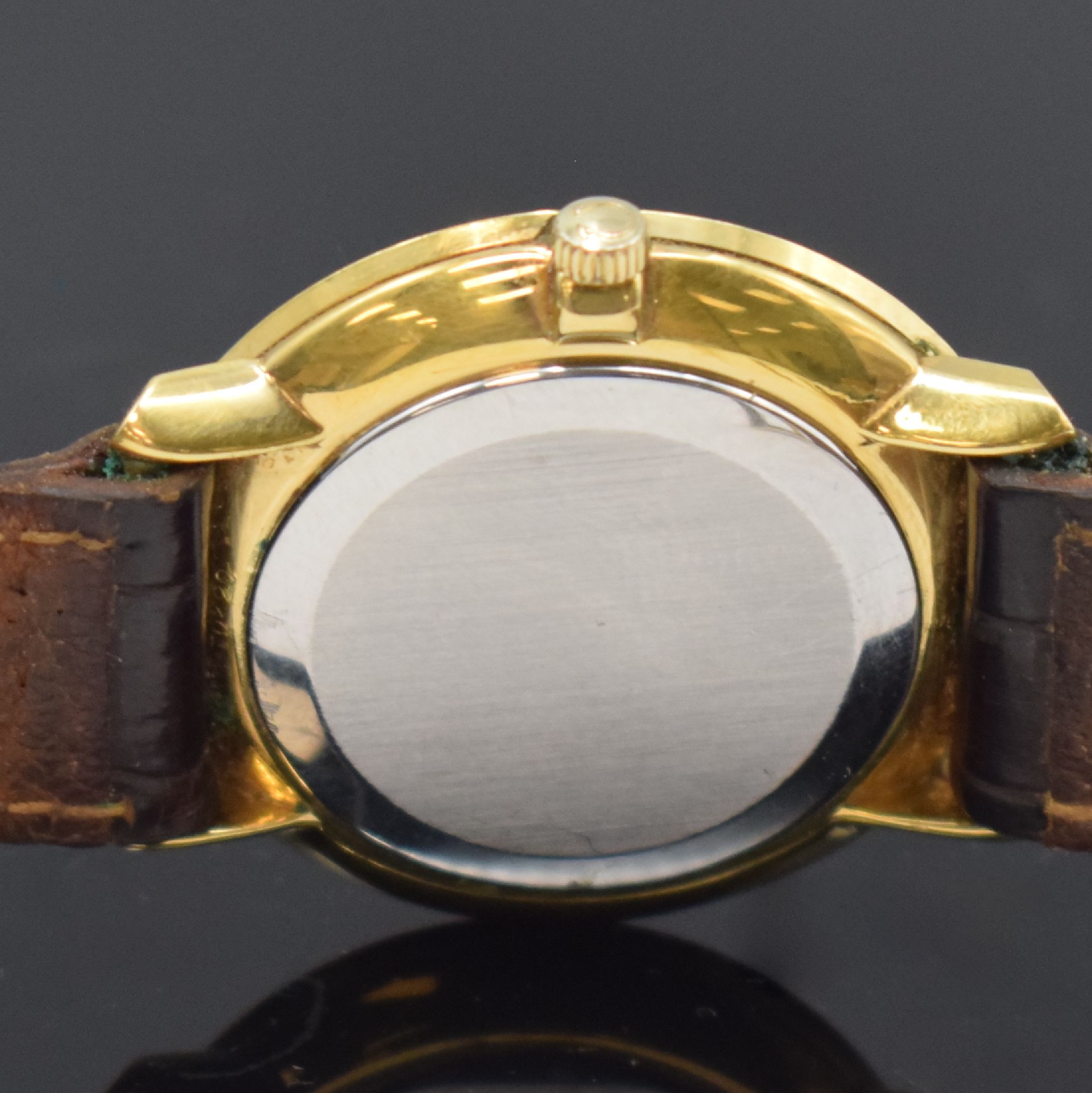 Detail d: OMEGA De Ville vergoldete Armbanduhr Referenz 111.077, Schweiz um 1968, Handaufzug, orig. Lederband (zu ers.) m. verg. Schl., champagnerfarb. ...