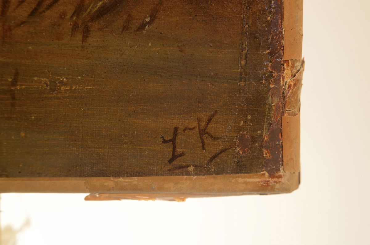 Detail a: Ungedeuteter Monogrammist LK, 19.Jh., Pferdegruppe, rechts unten monogrammiert LK, Öl/Lwd, ungerahmt, entlang des Bildrandes besch., rest. und ...