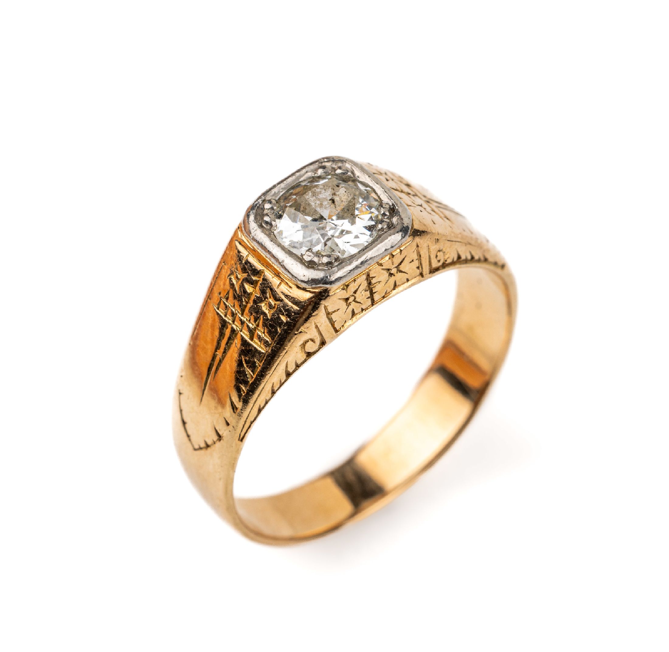 14 kt Gold Diamant-Ring, GG 585/000, um 1910, einzelner Altschliffdiamant ca. 0.70 ct Weiß/p1, florale Gravuren, RW 57, ca. 6.3 g