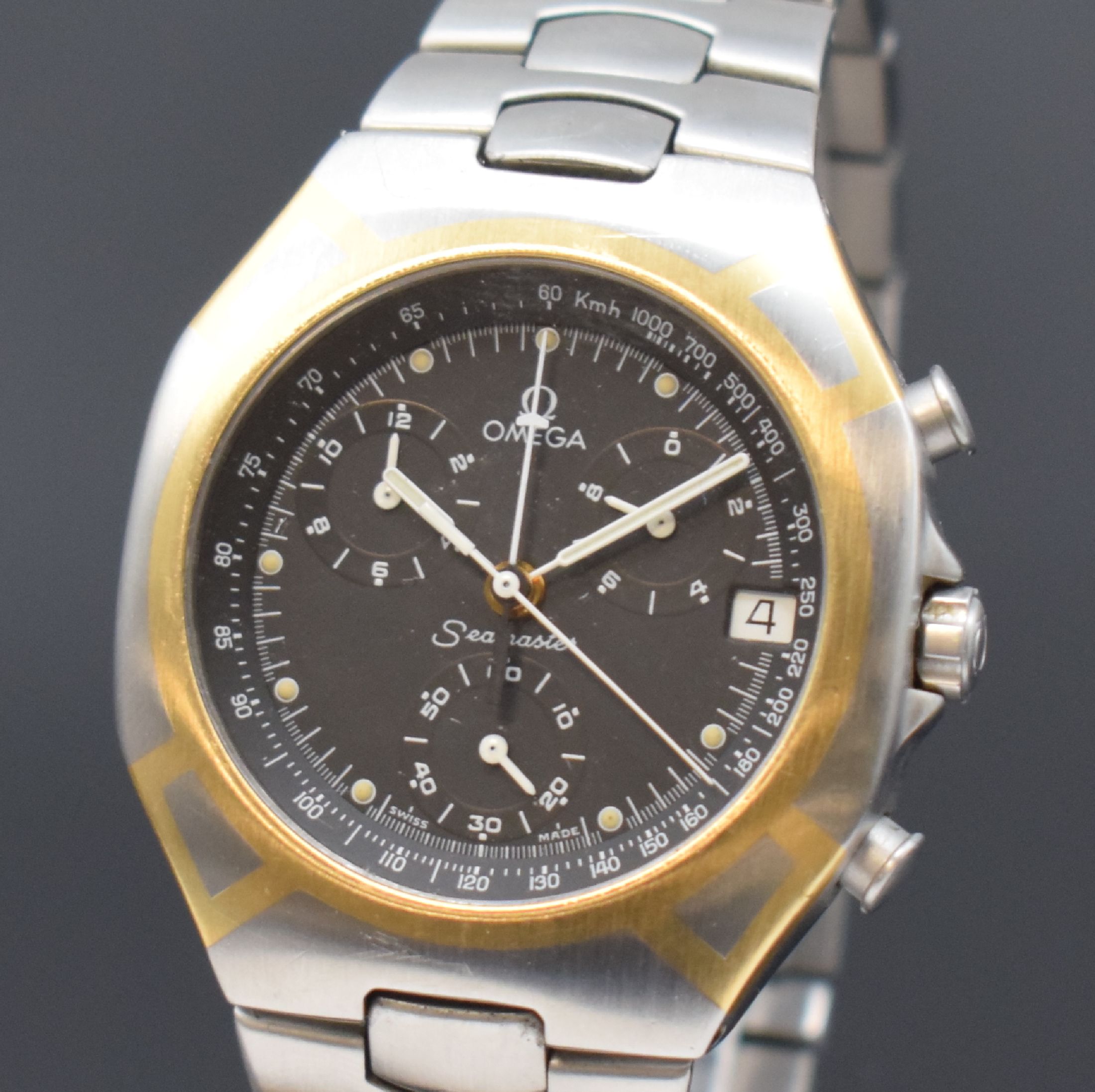 Detail a: OMEGA Seamaster Polaris Armbandchronograph Referenz 386.1031, Schweiz um 1990, quarz, goldintarsiertes Edelstahlgeh. inkl. Edelstahlgliederband m. ...