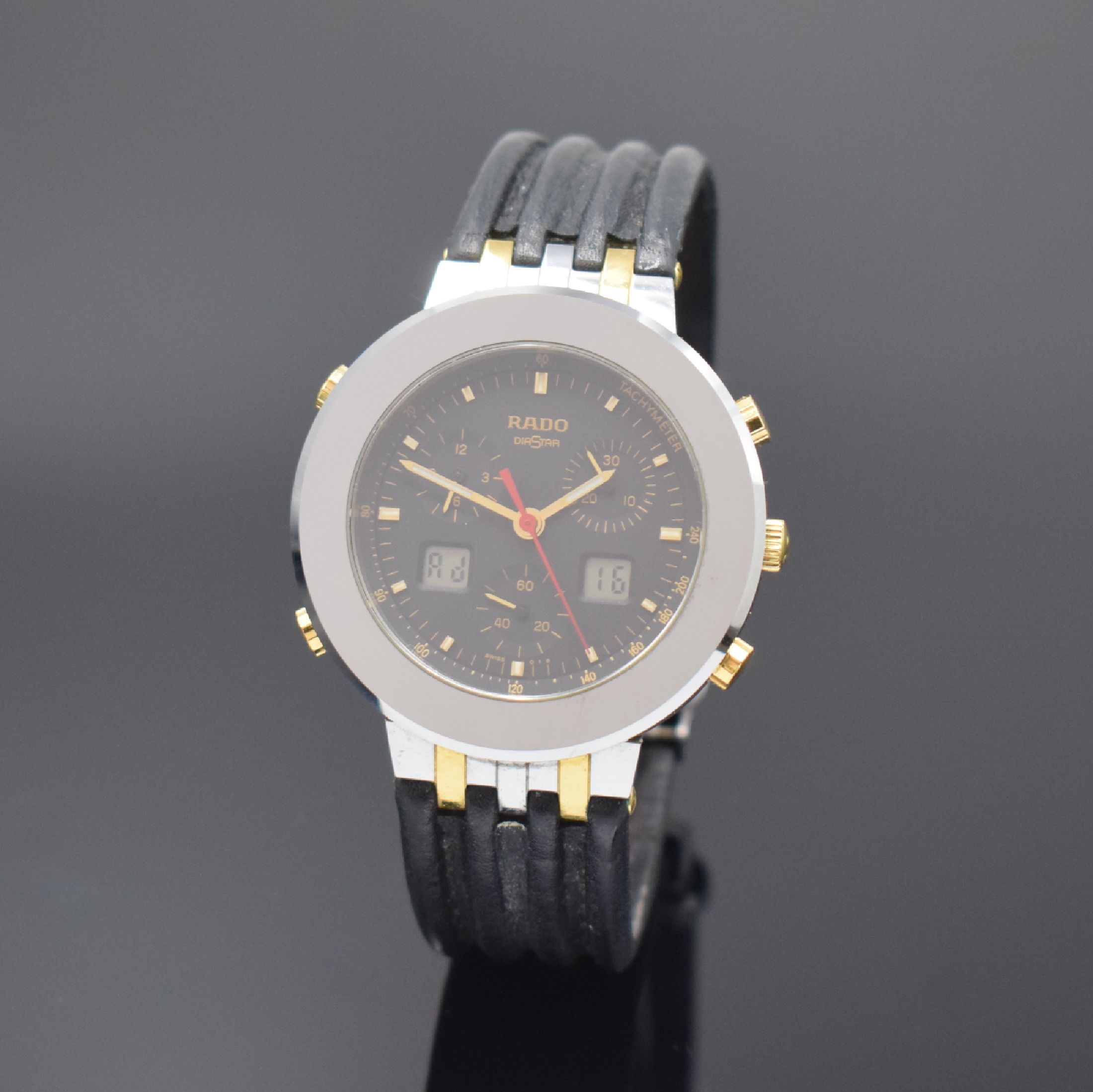 RADO Herrenarmbanduhr mit Chronograph Serie Diastar, Schweiz um 1995, quarz, Ref. 539.0377.3, kratzfestes Stahlgeh., Boden aufgedr., orig. Lederband ...
