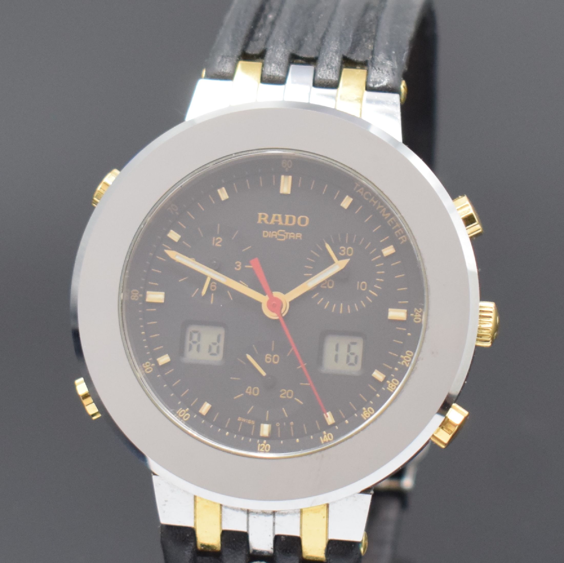 Detail a: RADO Herrenarmbanduhr mit Chronograph Serie Diastar, Schweiz um 1995, quarz, Ref. 539.0377.3, kratzfestes Stahlgeh., Boden aufgedr., orig. Lederband ...