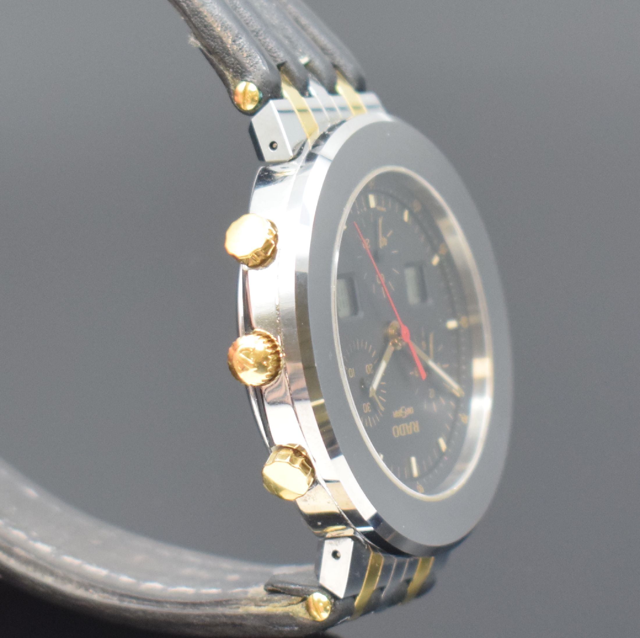 Detail c: RADO Herrenarmbanduhr mit Chronograph Serie Diastar, Schweiz um 1995, quarz, Ref. 539.0377.3, kratzfestes Stahlgeh., Boden aufgedr., orig. Lederband ...