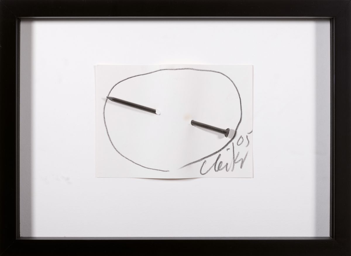 Detail k: Günther Uecker, geb. 1930, Nagelobjekt, Großer Nagel durch Papier, handsign., dat. (20)05, unter Glas, Holzrahmen, gesamt ca. 24x32 cm
