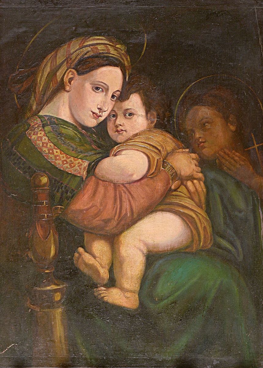 Unbekannter Künstler, Kopie nach Raffaels Madonna della Sedia, 19. Jahrhundert, Öl/Lwd, auf Platte, rest., l. Altersspuren, ca. 100 x 72 cm, dazu ...