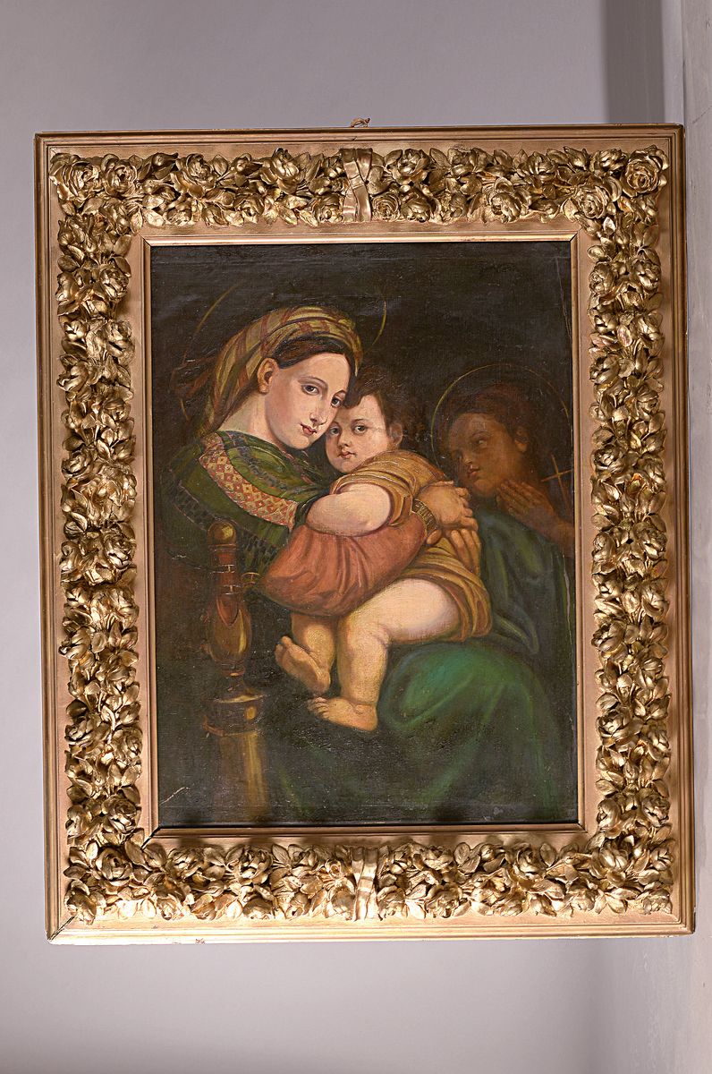 Detail k: Unbekannter Künstler, Kopie nach Raffaels Madonna della Sedia, 19. Jahrhundert, Öl/Lwd, auf Platte, rest., l. Altersspuren, ca. 100 x 72 cm, dazu ...