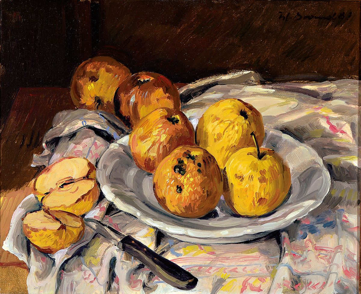 Werner Brand, 1933 Löbau - 2021 Hochstadt, Stillleben mit Äpfeln, Öl/Lwd, rechts oben signiert und datiert 1989, 25x31 cm, Rahmen 40x46 cm