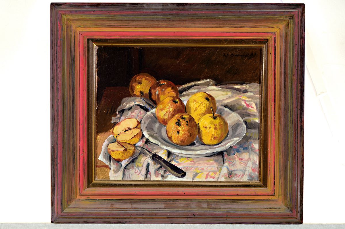 Detail k: Werner Brand, 1933 Löbau - 2021 Hochstadt, Stillleben mit Äpfeln, Öl/Lwd, rechts oben signiert und datiert 1989, 25x31 cm, Rahmen 40x46 cm