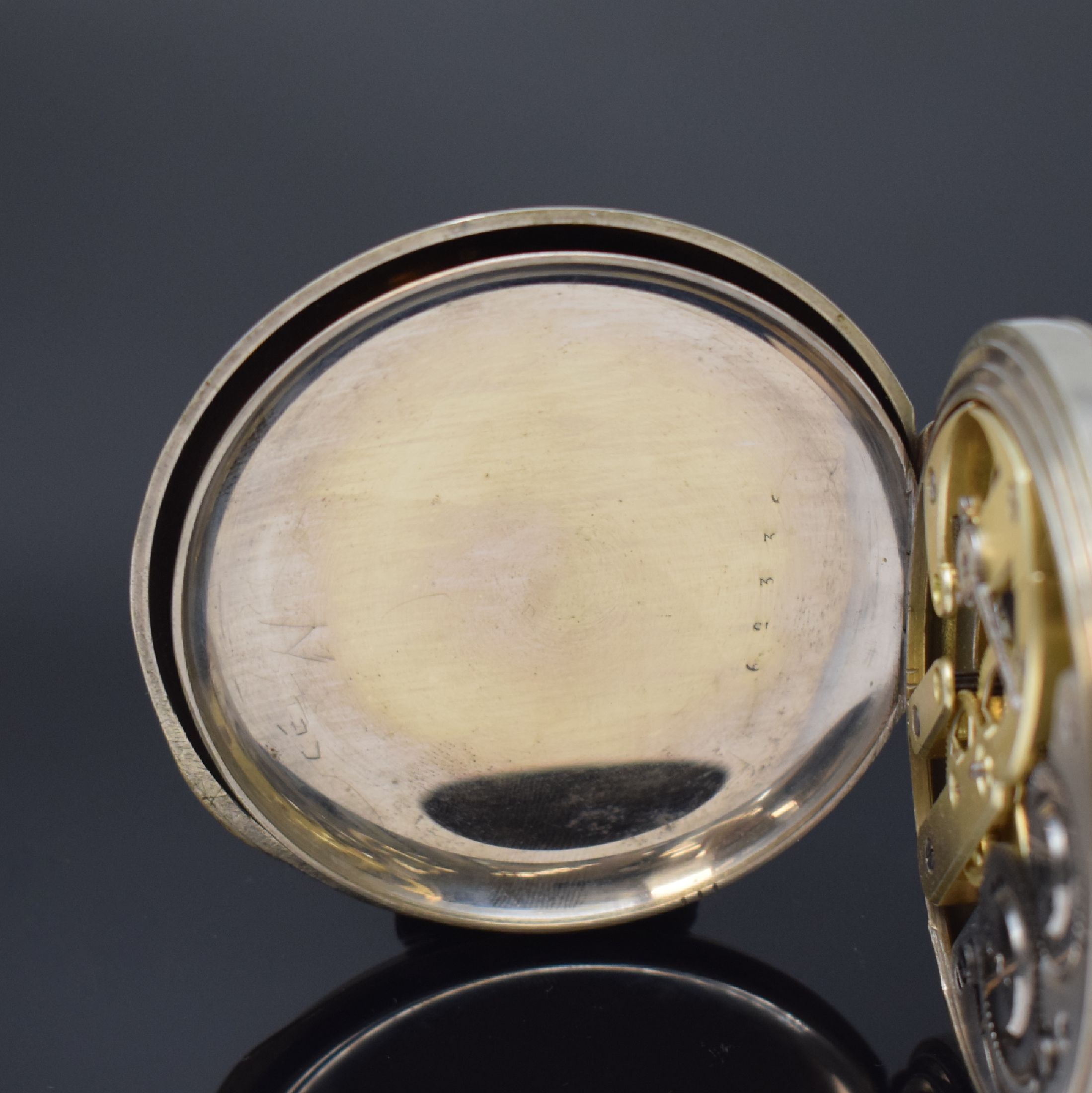 Detail d: Große offene Taschenuhr mit Vollkalender und Mondphase in Stahl, Schweiz um 1890, glattes Geh. l. dell., Glasrand aufgedr., Emailzifferbl. m. röm. ...