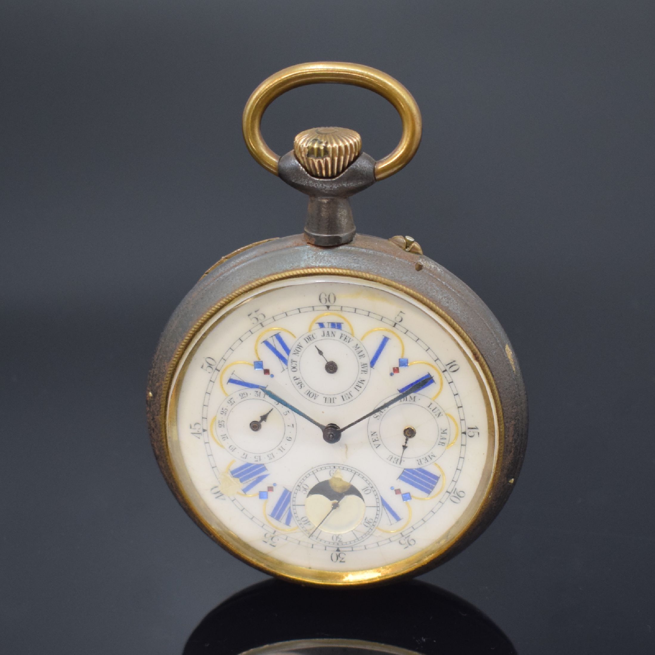 Große offene Taschenuhr mit Vollkalender und Mondphase, Schweiz um 1890, brüniertes Geh., Glasrand aufgedr., Emailzifferbl. m. röm. Zahlen ...