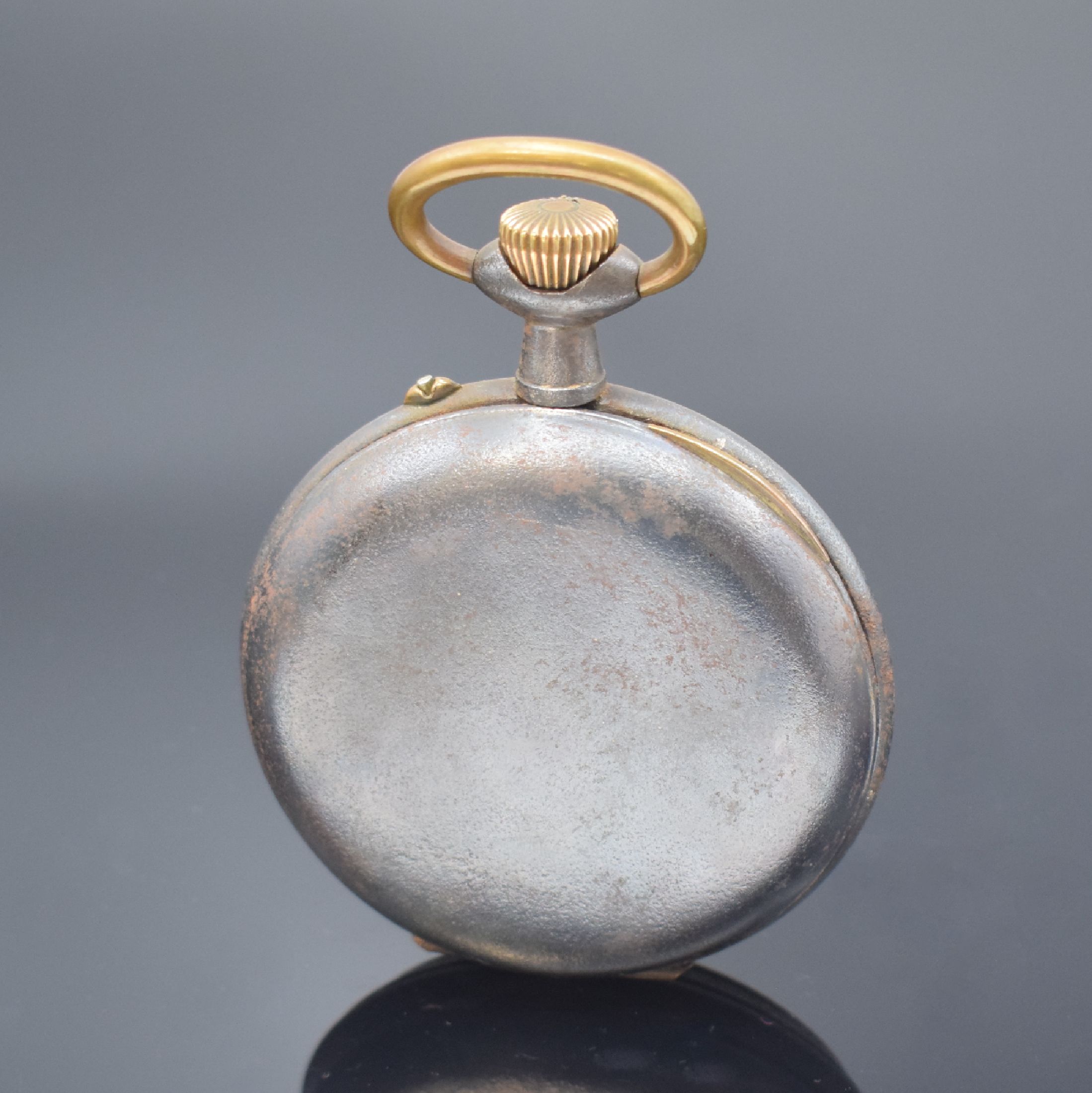 Detail a: Große offene Taschenuhr mit Vollkalender und Mondphase, Schweiz um 1890, brüniertes Geh., Glasrand aufgedr., Emailzifferbl. m. röm. Zahlen ...