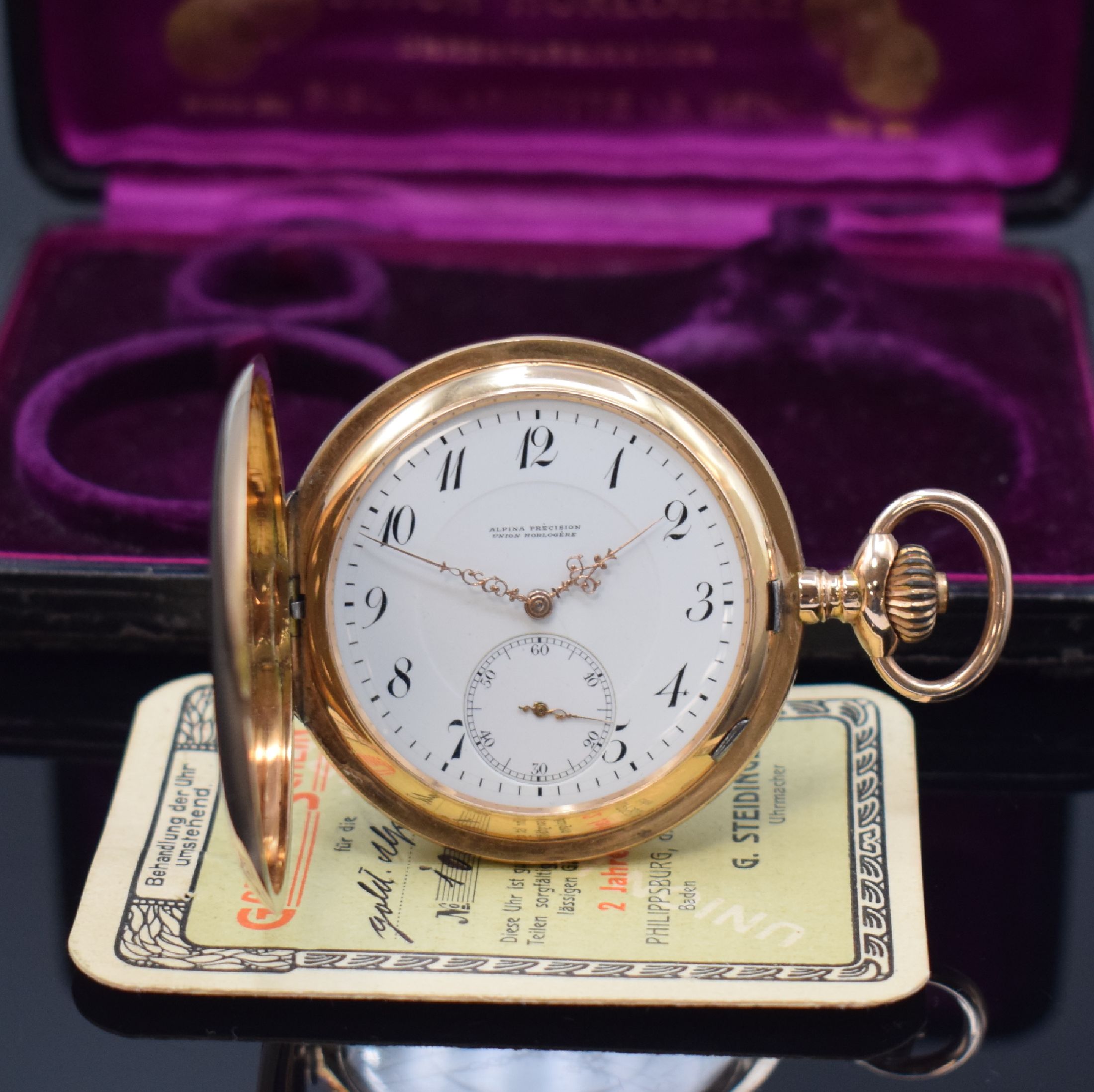 ALPINA Precision Union Horologere Herrensavonette in RG 585/000 mit Garantieschein und Etui, Schweiz verk. lt. Schein 1912, glattes 3-Deckel Goldgeh. ...