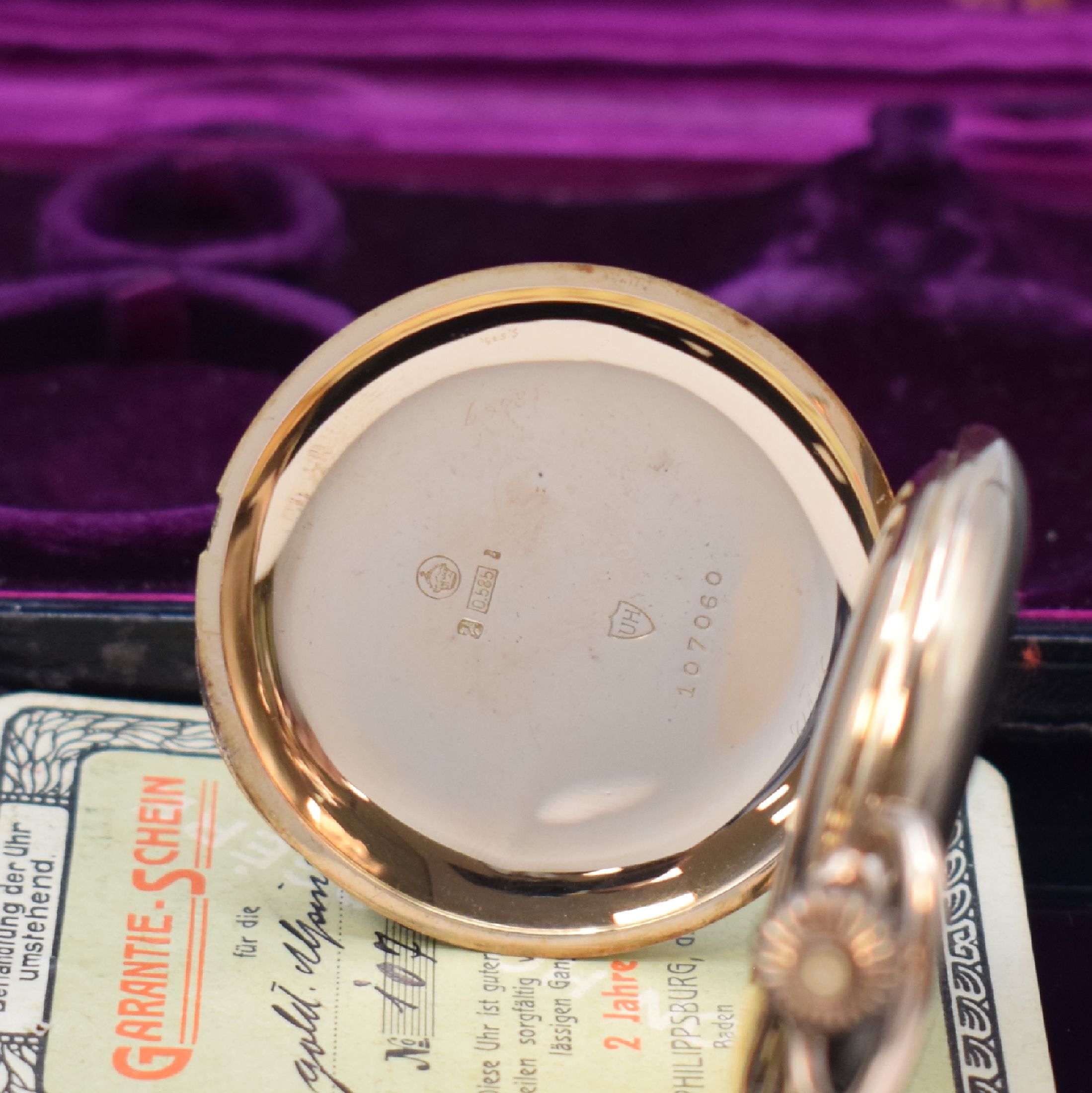 Detail c: ALPINA Precision Union Horologere Herrensavonette in RG 585/000 mit Garantieschein und Etui, Schweiz verk. lt. Schein 1912, glattes 3-Deckel Goldgeh. ...