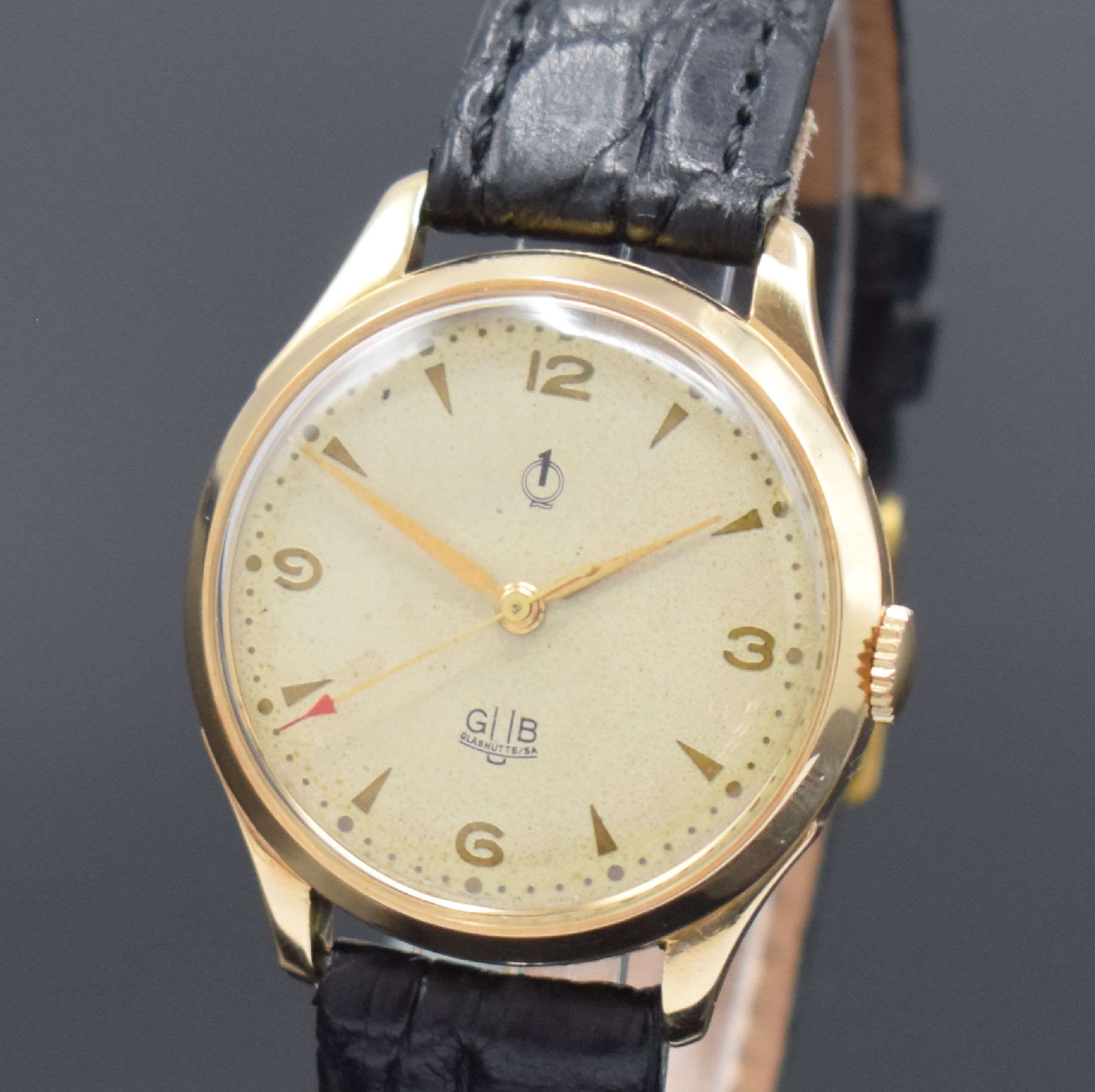 Detail a: GUB Güteuhr mit Lange-Werk Kal. 28/1 sehr seltene Armbanduhr in Gold 585/000, DDR lt. Stammbuchauszug verk. 1953, Handaufzug, 3-tlg. Geh., Boden u. ...