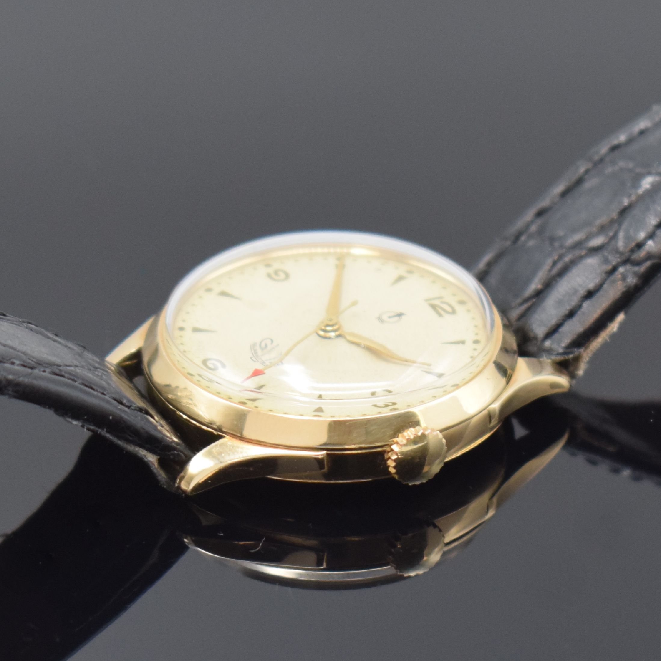 Detail b: GUB Güteuhr mit Lange-Werk Kal. 28/1 sehr seltene Armbanduhr in Gold 585/000, DDR lt. Stammbuchauszug verk. 1953, Handaufzug, 3-tlg. Geh., Boden u. ...