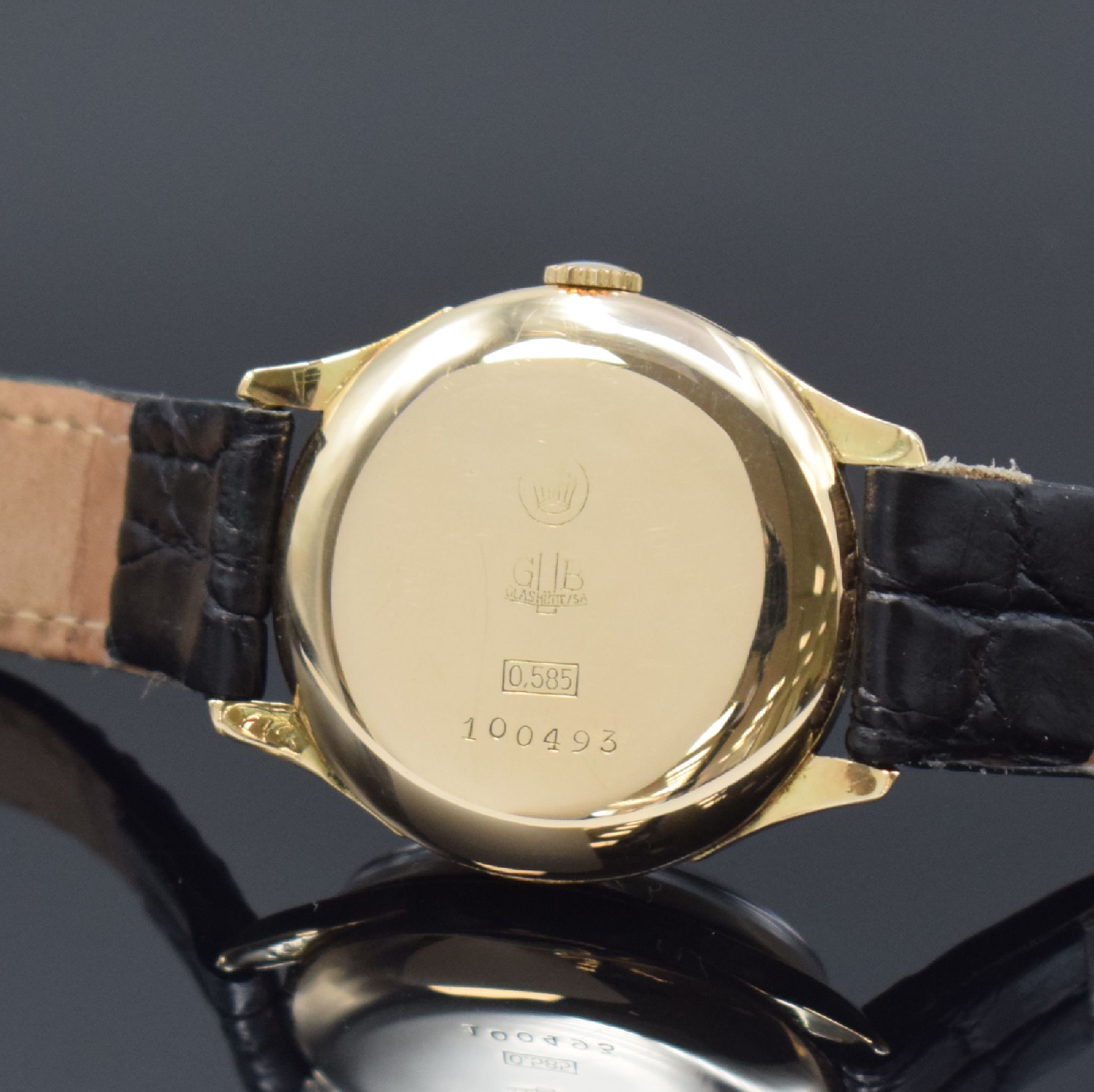 Detail c: GUB Güteuhr mit Lange-Werk Kal. 28/1 sehr seltene Armbanduhr in Gold 585/000, DDR lt. Stammbuchauszug verk. 1953, Handaufzug, 3-tlg. Geh., Boden u. ...
