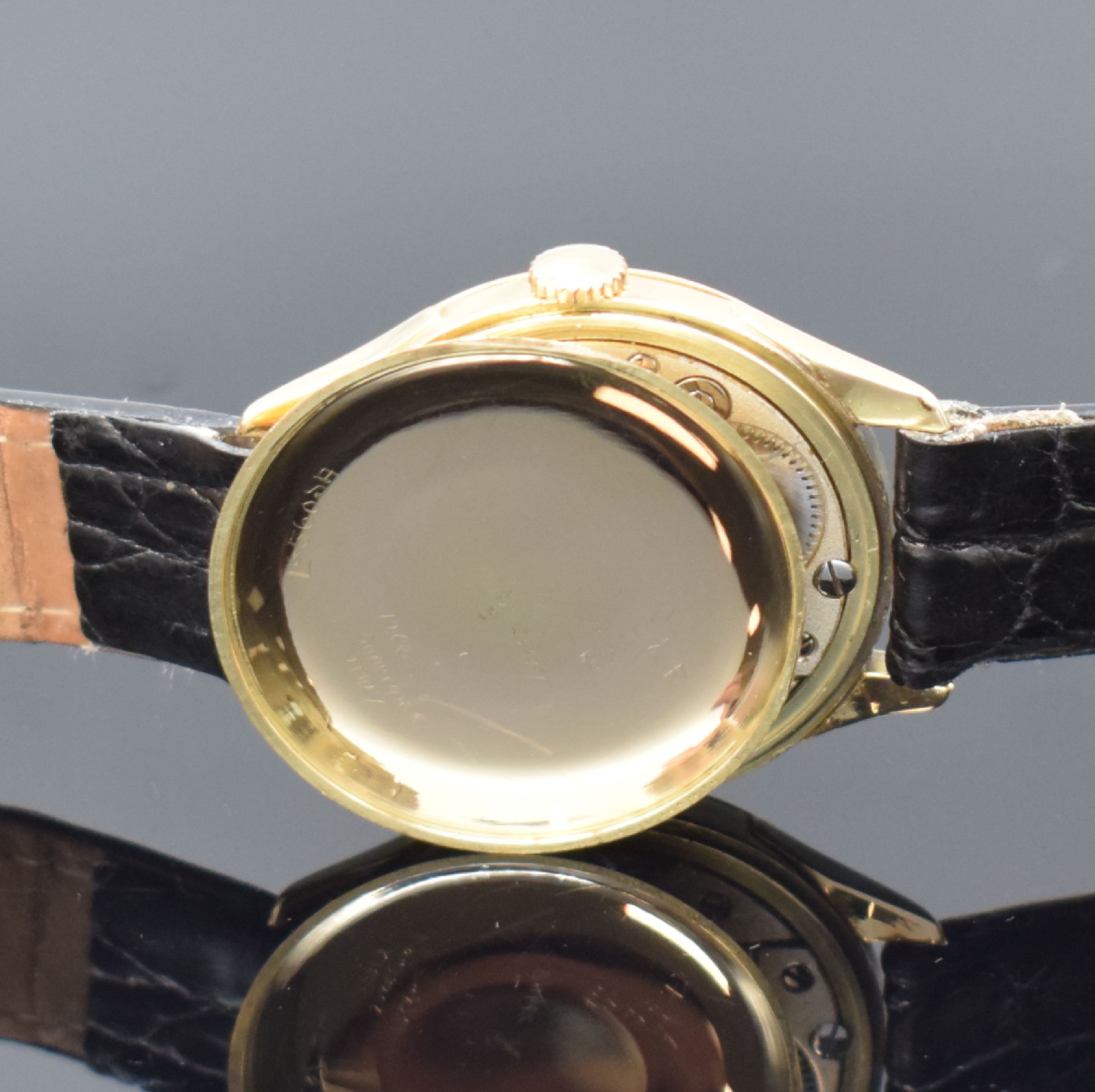 Detail e: GUB Güteuhr mit Lange-Werk Kal. 28/1 sehr seltene Armbanduhr in Gold 585/000, DDR lt. Stammbuchauszug verk. 1953, Handaufzug, 3-tlg. Geh., Boden u. ...