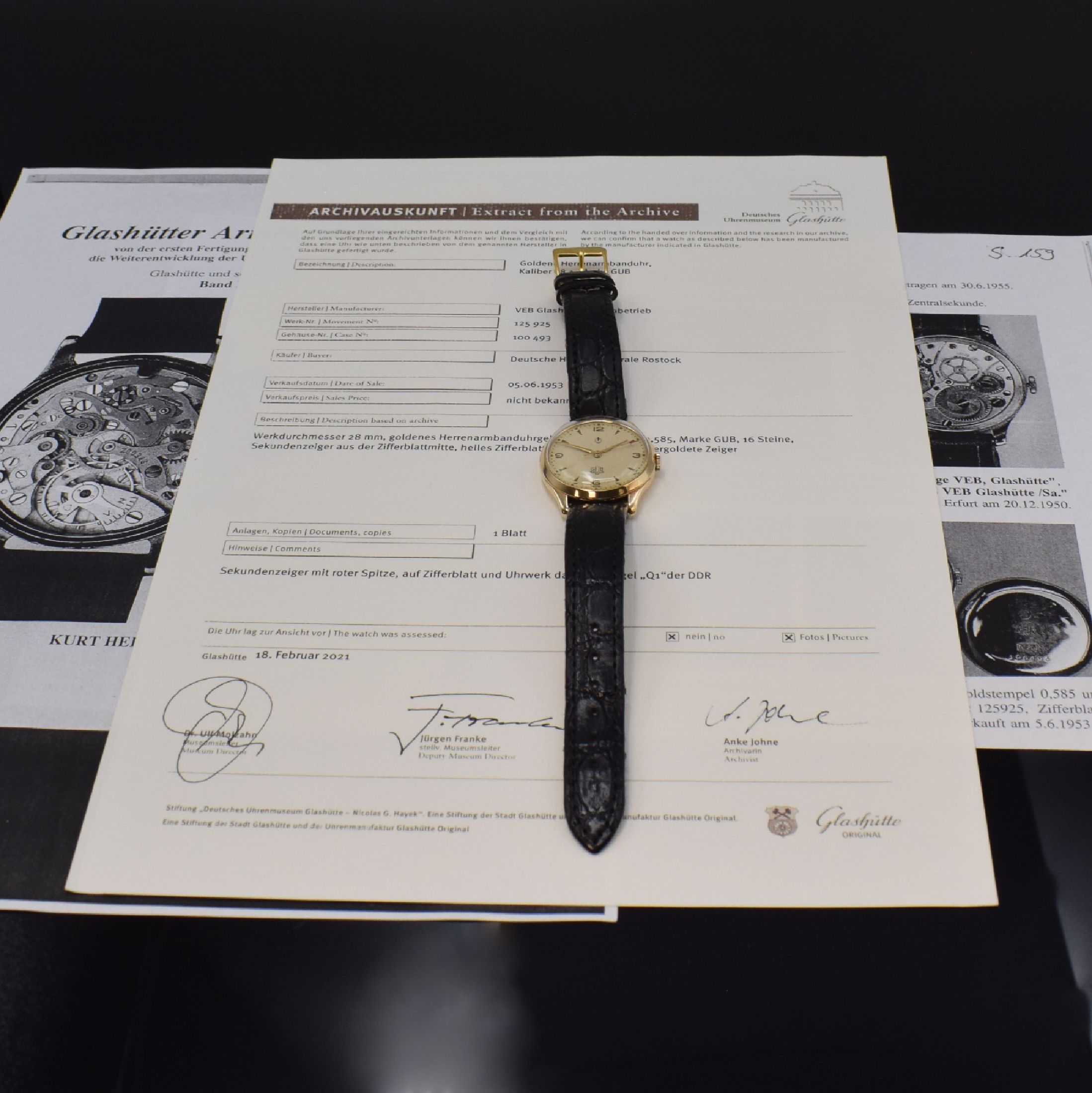 Detail f: GUB Güteuhr mit Lange-Werk Kal. 28/1 sehr seltene Armbanduhr in Gold 585/000, DDR lt. Stammbuchauszug verk. 1953, Handaufzug, 3-tlg. Geh., Boden u. ...