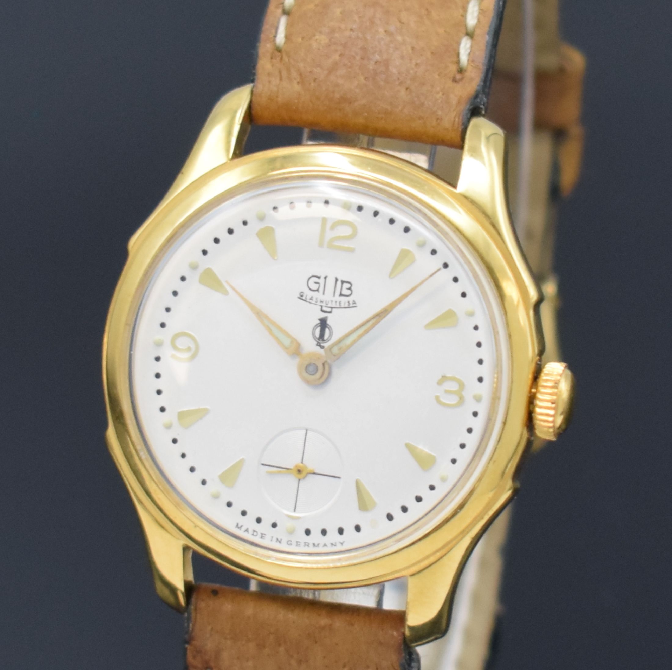 Detail a: GUB Güteuhr Kaliber 60.2 vergoldete Armbanduhr, DDR um 1955, Handaufzug, 2-tlg. Geh., verschr. Stahlboden, silb. Zifferbl. rest., kl. Sek. b. 6, ...