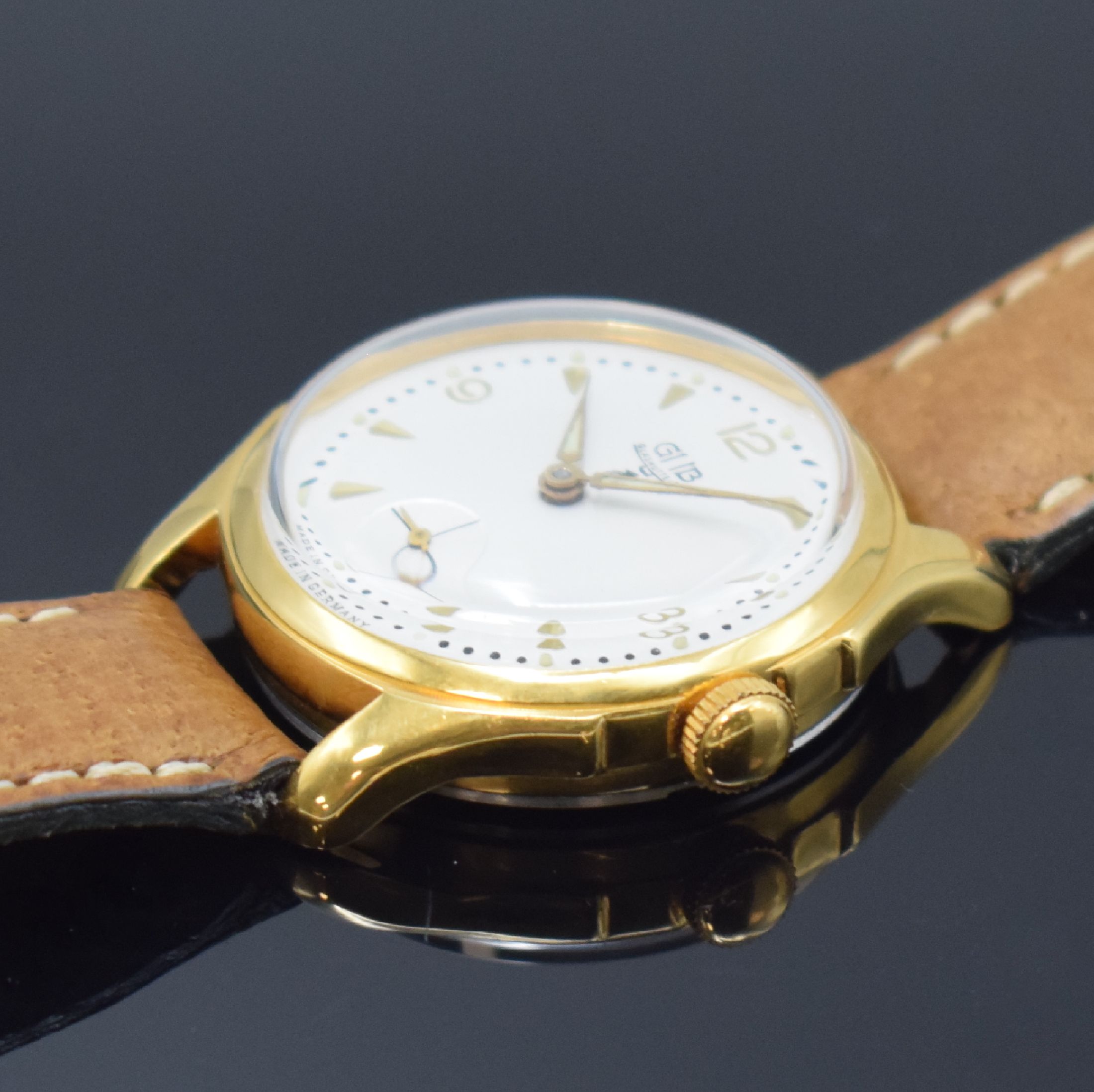 Detail b: GUB Güteuhr Kaliber 60.2 vergoldete Armbanduhr, DDR um 1955, Handaufzug, 2-tlg. Geh., verschr. Stahlboden, silb. Zifferbl. rest., kl. Sek. b. 6, ...