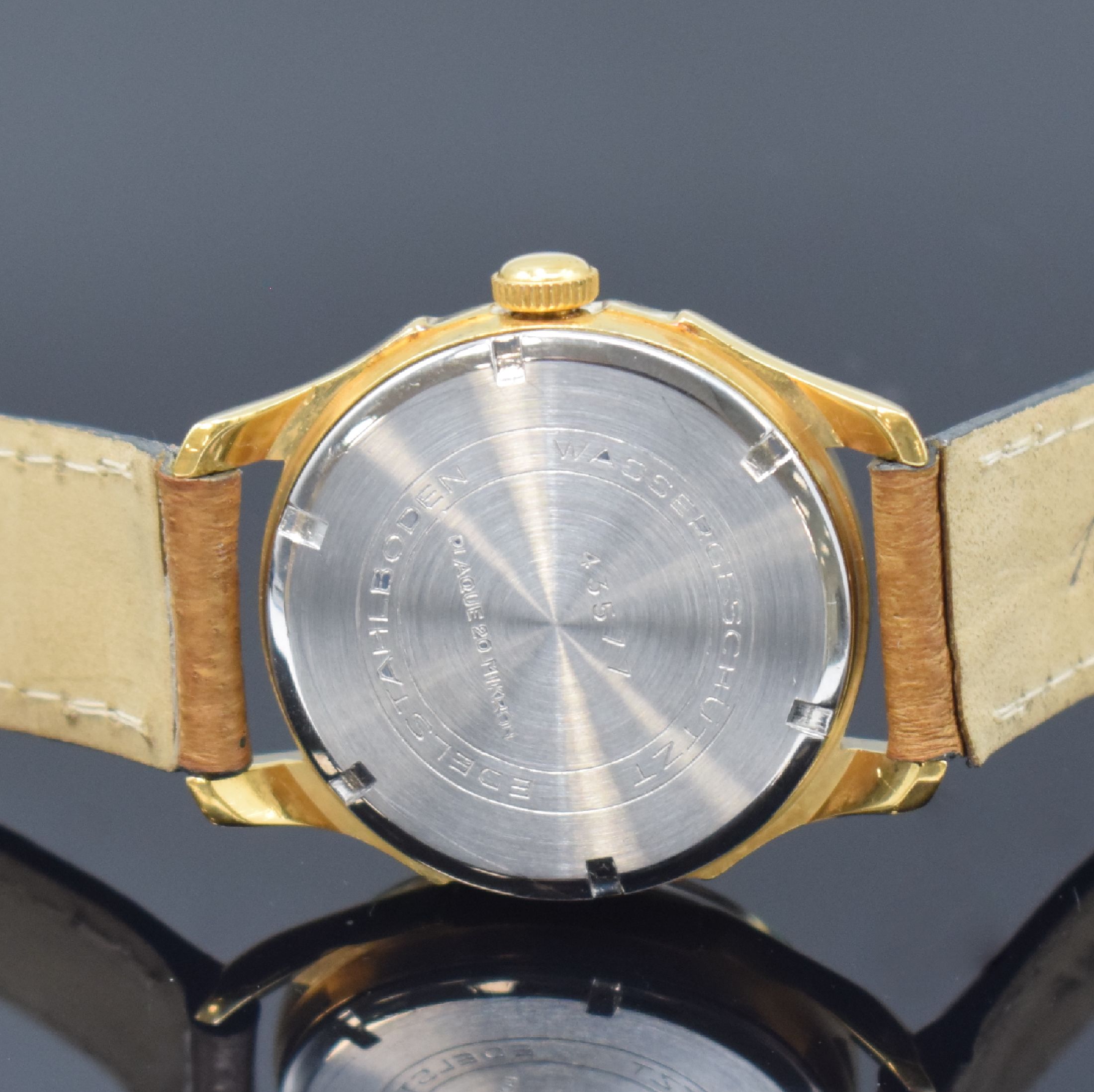 Detail c: GUB Güteuhr Kaliber 60.2 vergoldete Armbanduhr, DDR um 1955, Handaufzug, 2-tlg. Geh., verschr. Stahlboden, silb. Zifferbl. rest., kl. Sek. b. 6, ...