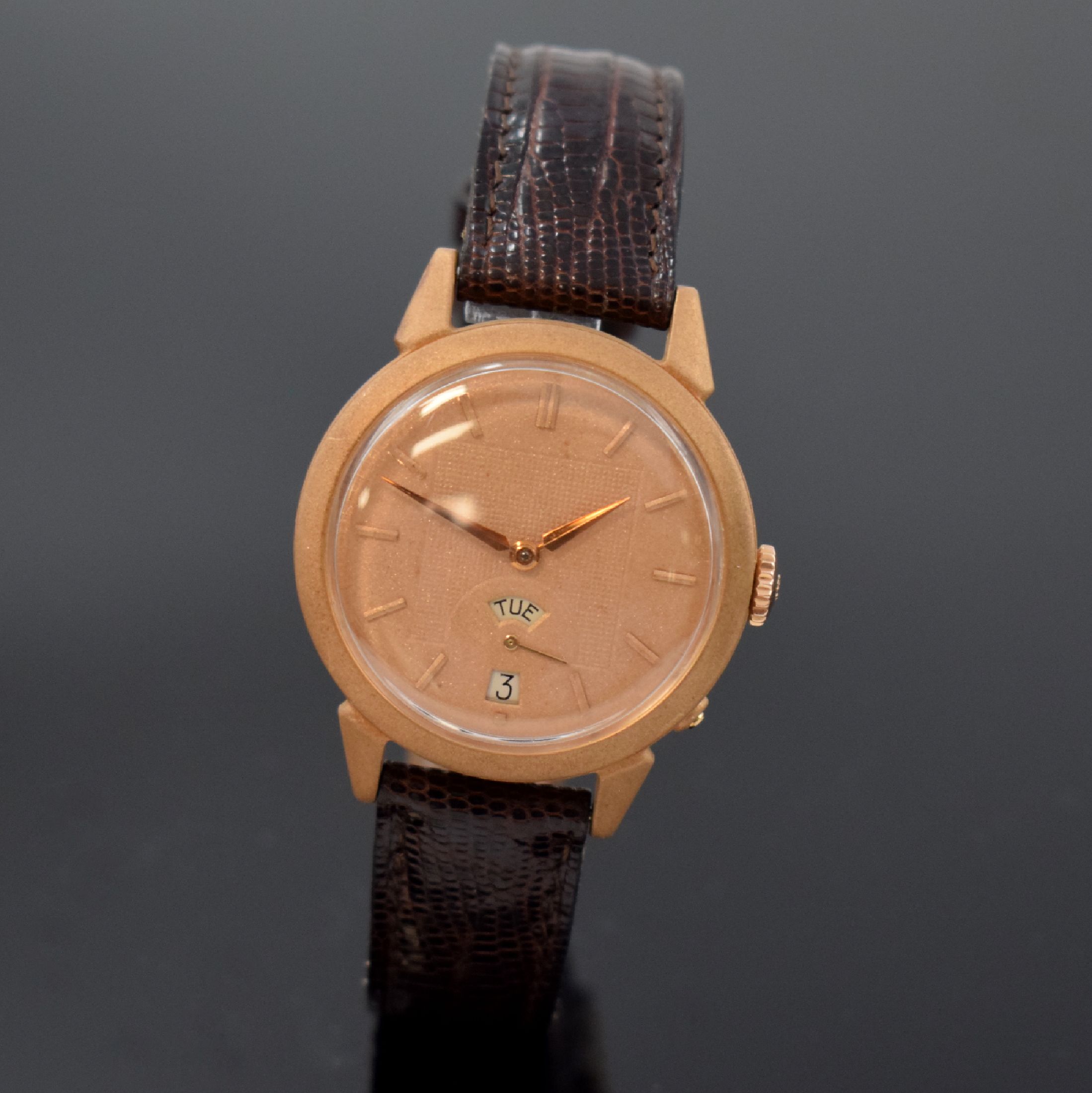 MOVADO Hammerautomatik Armbanduhr in RG 750/000, Schweiz um 1950, später mattiertes FB-Geh. und Zifferbl., Boden verschr., orig. Krone, gold. ...