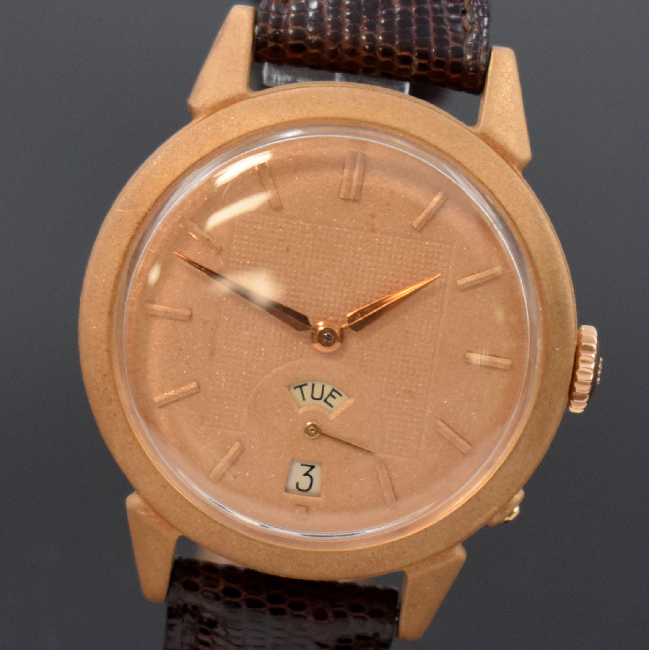 Detail a: MOVADO Hammerautomatik Armbanduhr in RG 750/000, Schweiz um 1950, später mattiertes FB-Geh. und Zifferbl., Boden verschr., orig. Krone, gold. ...