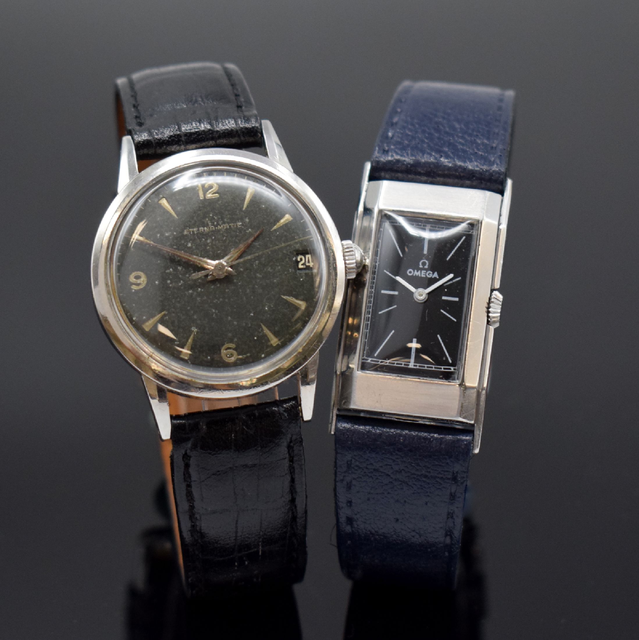 Detail a: OMEGA / ETERNA 2 Armbanduhren in Stahl, Schweiz um 1935 / 1955, Handaufzug / Automatik, 1.) rechteck. OMEGA, gedr. Geh., schwarz. Zifferbl. rest., ...