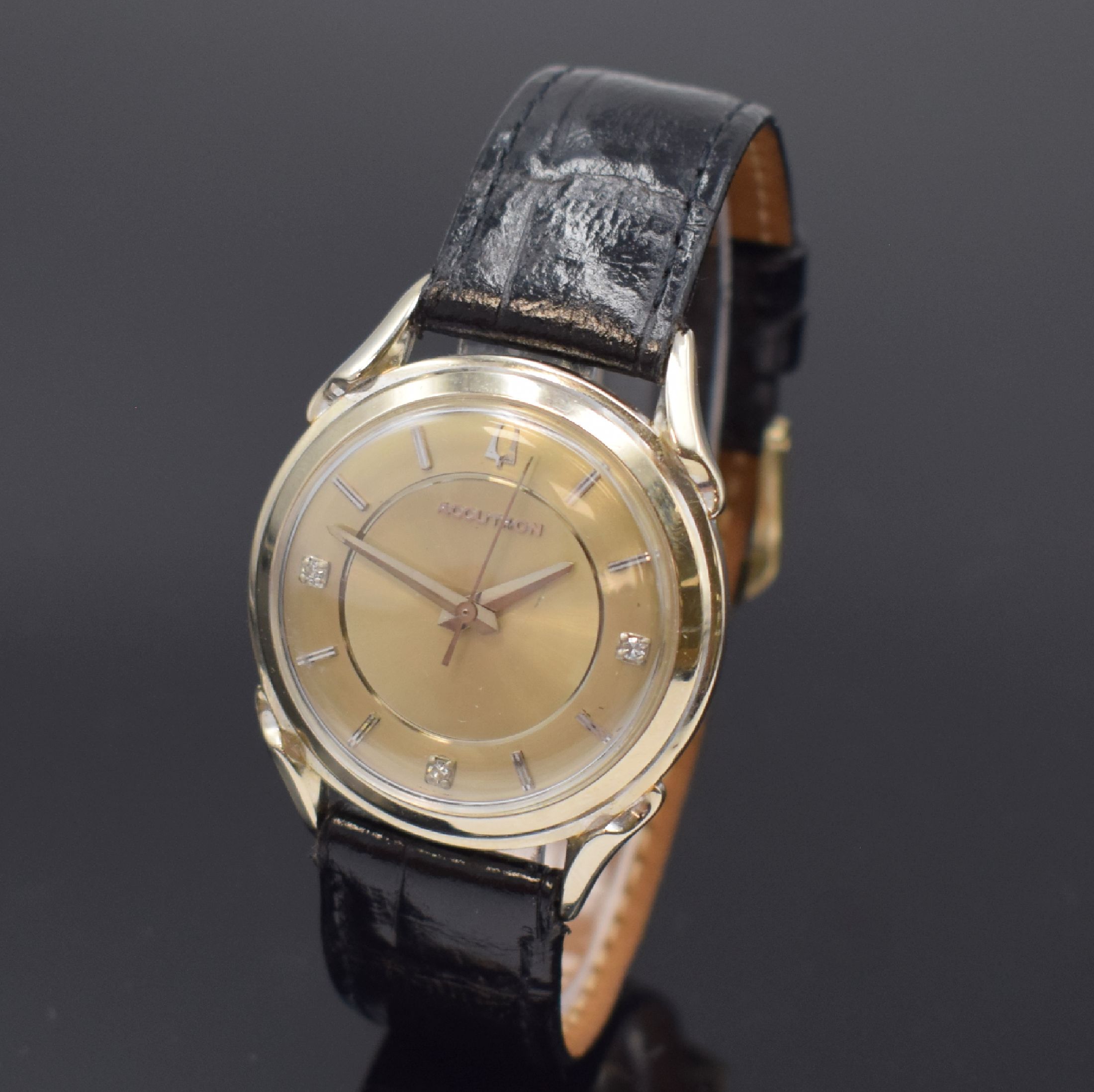 BULOVA Accutron seltene Armbanduhr in WG 585/000, USA um 1965, Stimmgabelschwinger, verschr. Geh., rücks. Batteriefach u. Zeigerstellung, silb. ...