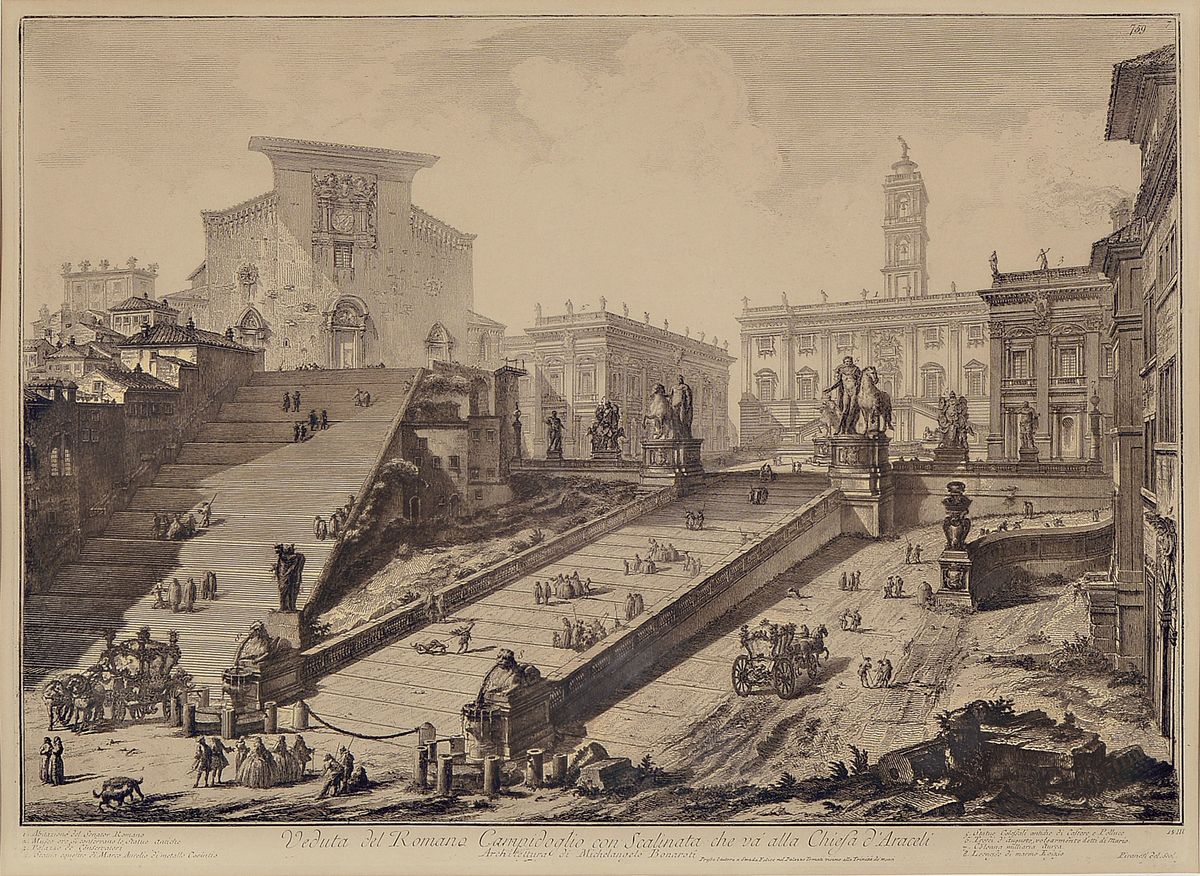 Giovanni Battista Piranesi (1720-1778): 2 Radierungen aus der Folge "Vedute di Roma", 19.Jh., Vedut del Romano. Campidoglio con Scalinata ...