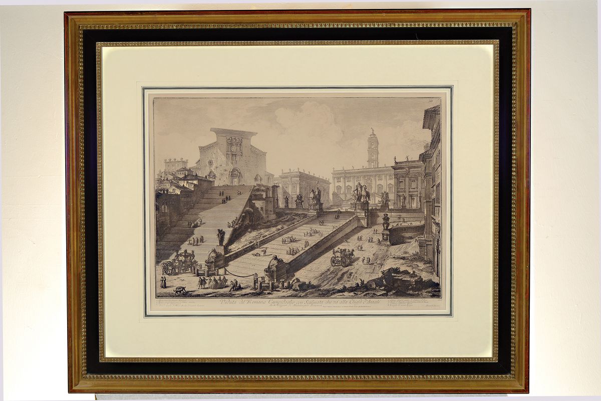 Detail k: Giovanni Battista Piranesi (1720-1778): 2 Radierungen aus der Folge "Vedute di Roma", 19.Jh., Vedut del Romano. Campidoglio con Scalinata ...
