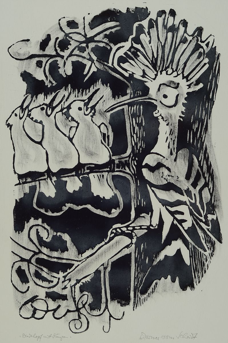 Detail a: Werner von Scheidt, 1894 Grosbliederstroff -1984 Bad Bergzabern, 4 Holzschnitte, Holzschnitt auf drei Blättern: belebter Baum in voller Größe, ...