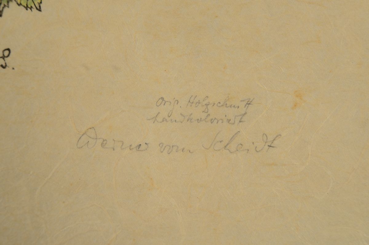 Detail d: Werner von Scheidt, 1894 Grosbliederstroff -1984 Bad Bergzabern, 4 Holzschnitte, Holzschnitt auf drei Blättern: belebter Baum in voller Größe, ...