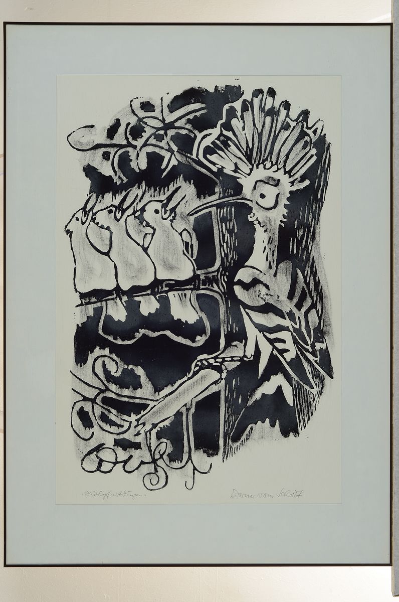 Detail l: Werner von Scheidt, 1894 Grosbliederstroff -1984 Bad Bergzabern, 4 Holzschnitte, Holzschnitt auf drei Blättern: belebter Baum in voller Größe, ...