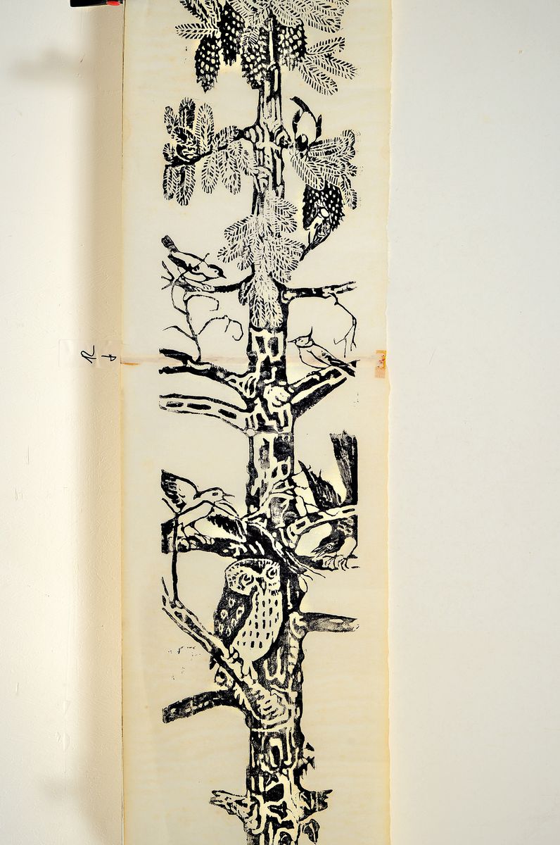 Detail m: Werner von Scheidt, 1894 Grosbliederstroff -1984 Bad Bergzabern, 4 Holzschnitte, Holzschnitt auf drei Blättern: belebter Baum in voller Größe, ...