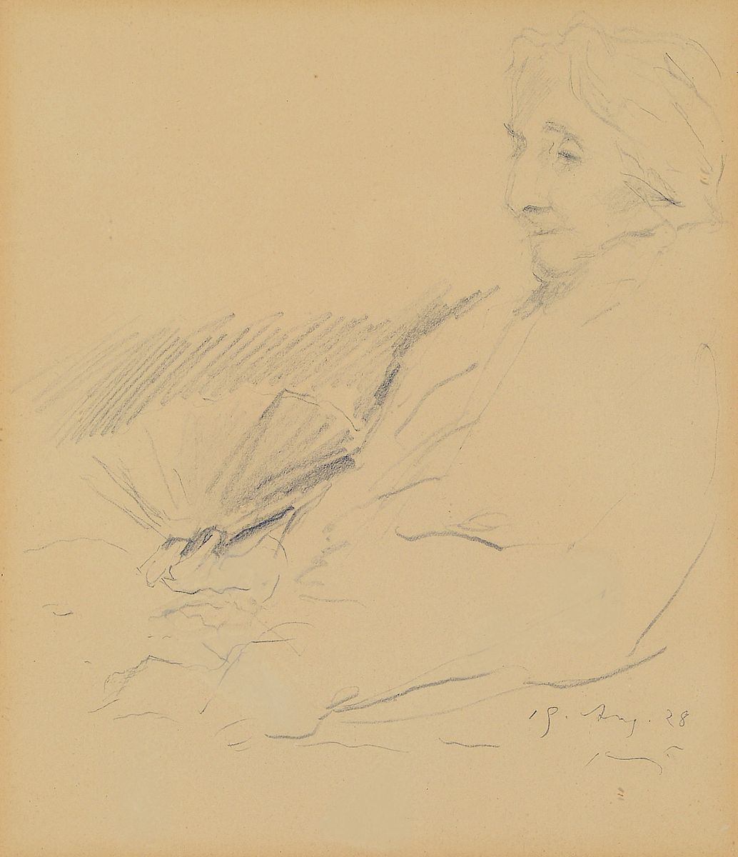 Max Slevogt, 1868 Landshut-1932 Leinsweiler,Bleistiftzeichnung auf Papier, Bildnis einer alten Frau im Lehnstuhl, handsigniert und datiert "19. ...