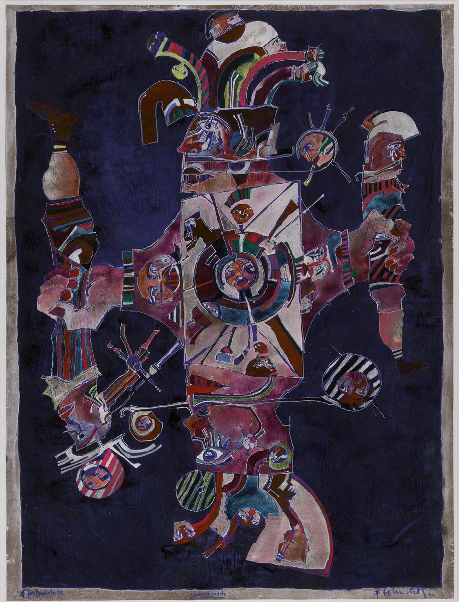 Detail c: Bernd Kastenholz, geb. 1943 Speyer, 2 Arbeiten, Mischtechnik auf Papier: "Der Maschinendenker", signiert und datiert 1970, Blatt 73x54 cm, ...