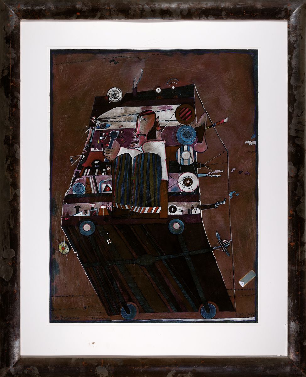 Detail k: Bernd Kastenholz, geb. 1943 Speyer, 2 Arbeiten, Mischtechnik auf Papier: "Der Maschinendenker", signiert und datiert 1970, Blatt 73x54 cm, ...