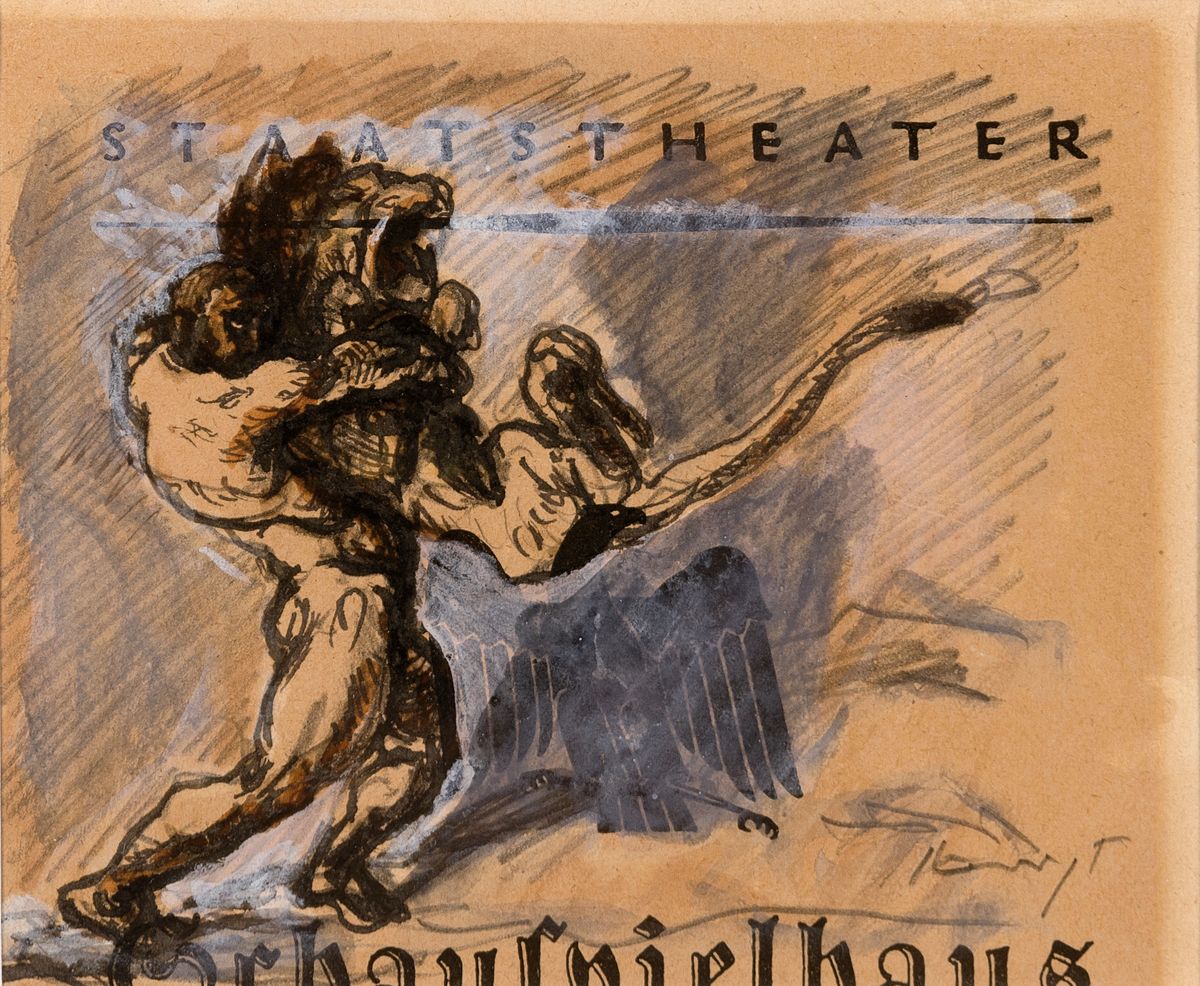 Max Slevogt, 1868 Landshut-1932 Leinsweiler, Herkules kämpft mit dem Löwen, aquarellierte Tuschfederzeichnung auf einem Theaterprogramm zwischen ...