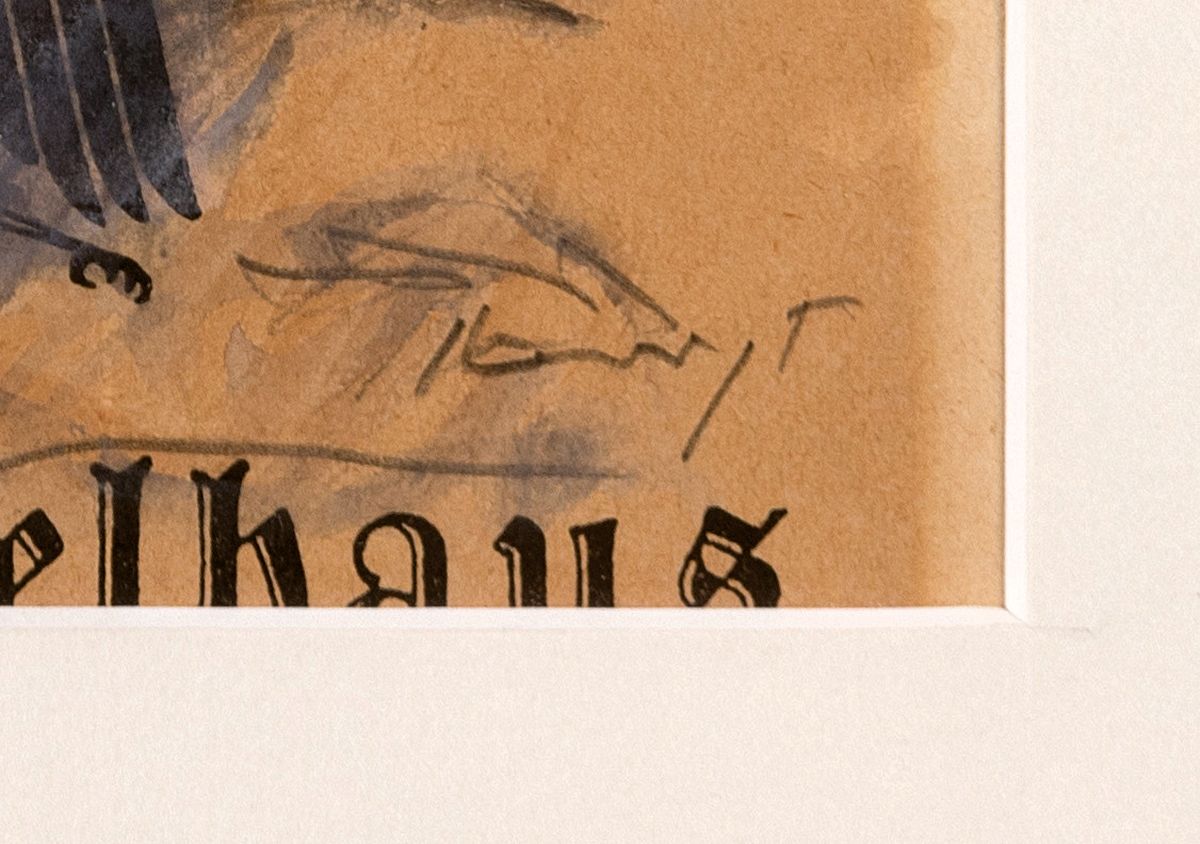 Detail a: Max Slevogt, 1868 Landshut-1932 Leinsweiler, Herkules kämpft mit dem Löwen, aquarellierte Tuschfederzeichnung auf einem Theaterprogramm zwischen ...