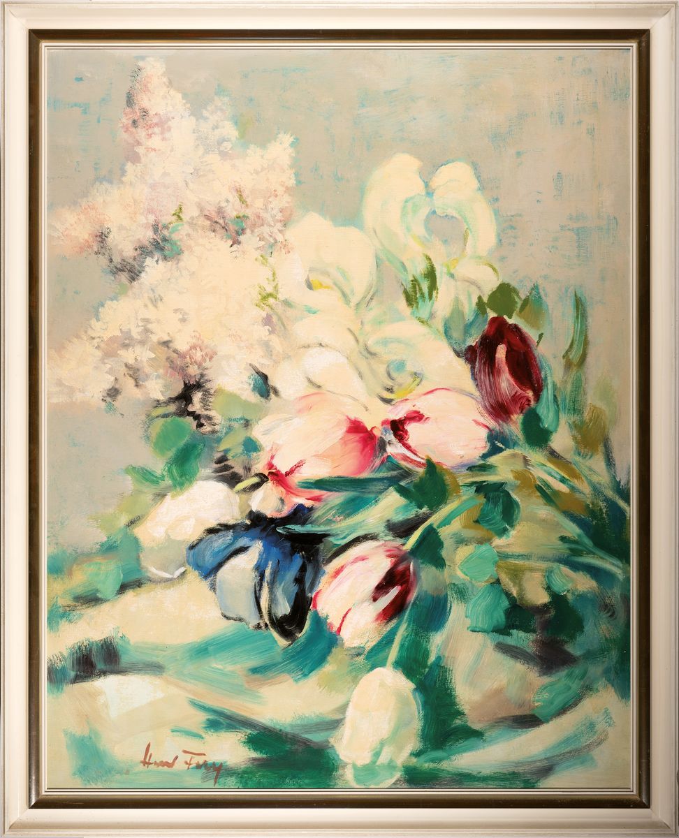 Detail k: Hanns Fay, 1888 Frankenthal-1957 Neustadt an der Weinstraße, Blumenstillleben mit Tulpen und Flieder, Öl/Holz, links unten signiert, ca. 98x78cm, ...