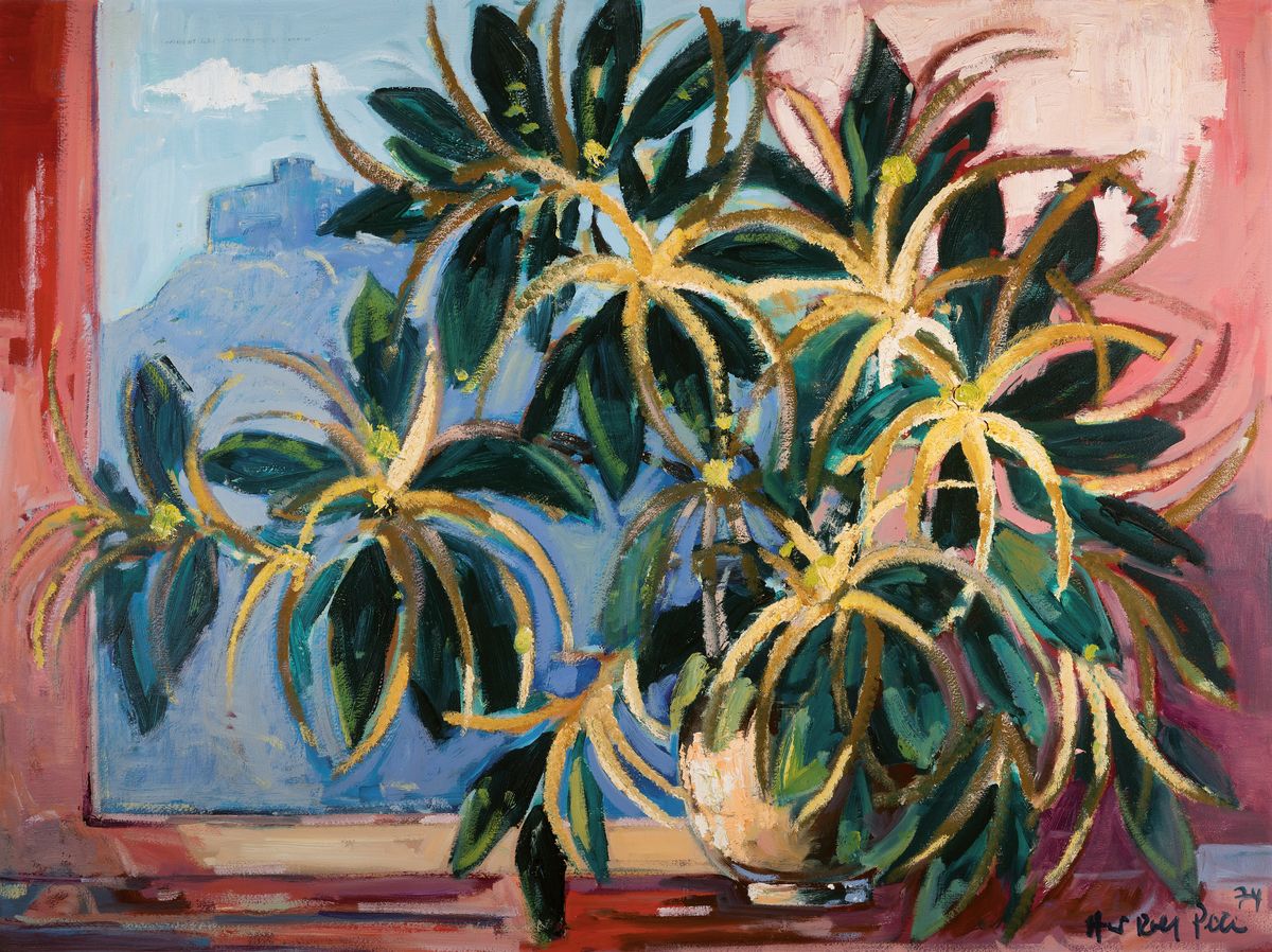 Hans Rolf Peter, 1926-2020 Neustadt a.d. Weinstr., Blumenstillleben vor einem Fenster, im Hintergrund das Hambacher Schloß, Öl/Lwd, rechts unten ...
