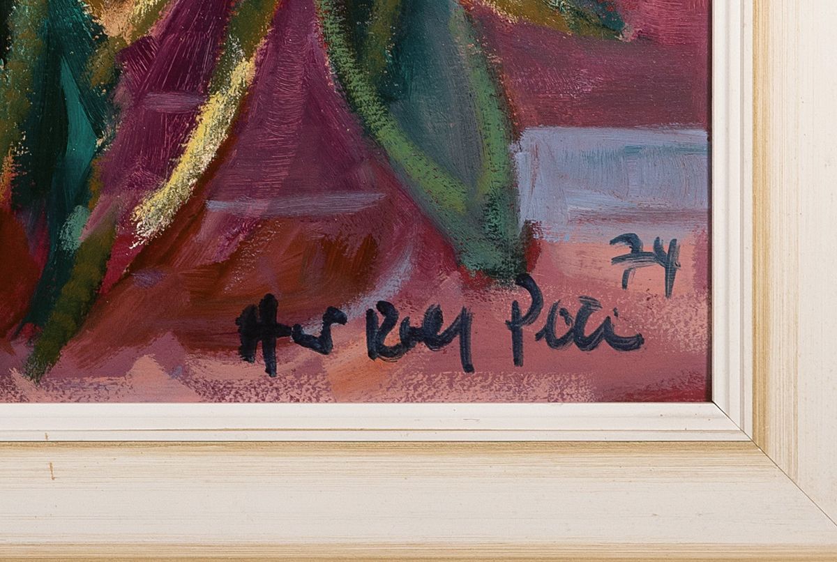 Detail a: Hans Rolf Peter, 1926-2020 Neustadt a.d. Weinstr., Blumenstillleben vor einem Fenster, im Hintergrund das Hambacher Schloß, Öl/Lwd, rechts unten ...