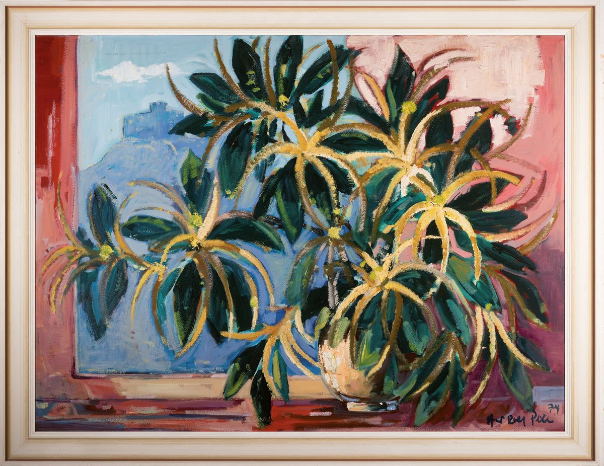 Detail k: Hans Rolf Peter, 1926-2020 Neustadt a.d. Weinstr., Blumenstillleben vor einem Fenster, im Hintergrund das Hambacher Schloß, Öl/Lwd, rechts unten ...