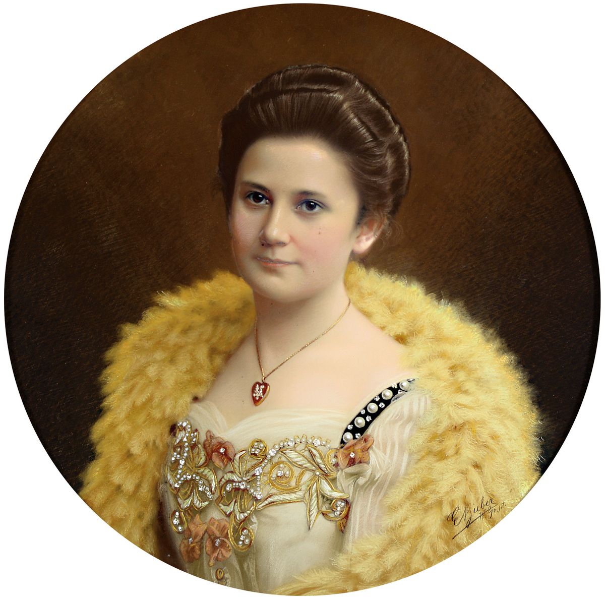 Atelier August Emil Bieber, 1878 Hamburg-1962 Kapstadt, Pastell, Bildnis einer jungen Frau, Kleid reiche Goldstickerei, Brustbild vor Goldgrund, vor ...