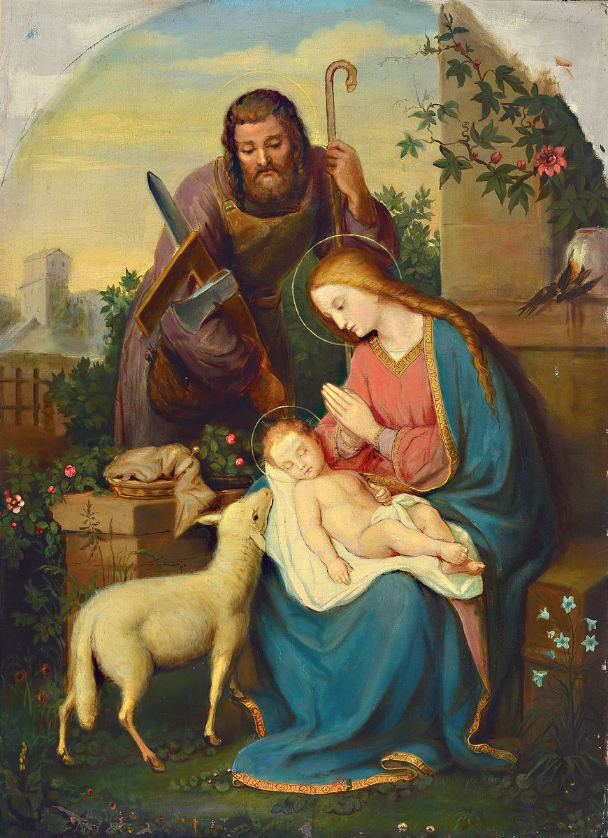 J.A. Kreiss, datiert 1881, Heiligenbild, die Hl. Familie mit dem Lamm nach dem Vorbild von Franz Ittenbach (1813-1879), ehemalige Rundbogen-Rahmung, ...
