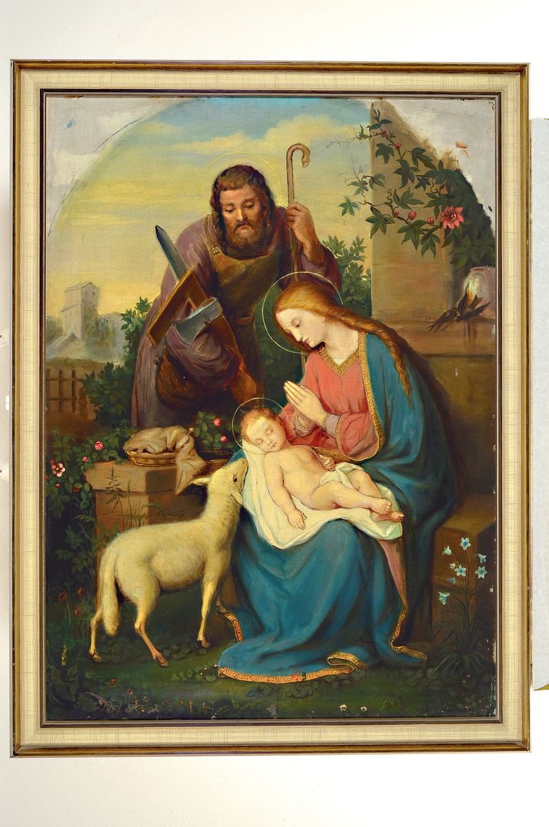 Detail k: J.A. Kreiss, datiert 1881, Heiligenbild, die Hl. Familie mit dem Lamm nach dem Vorbild von Franz Ittenbach (1813-1879), ehemalige Rundbogen-Rahmung, ...