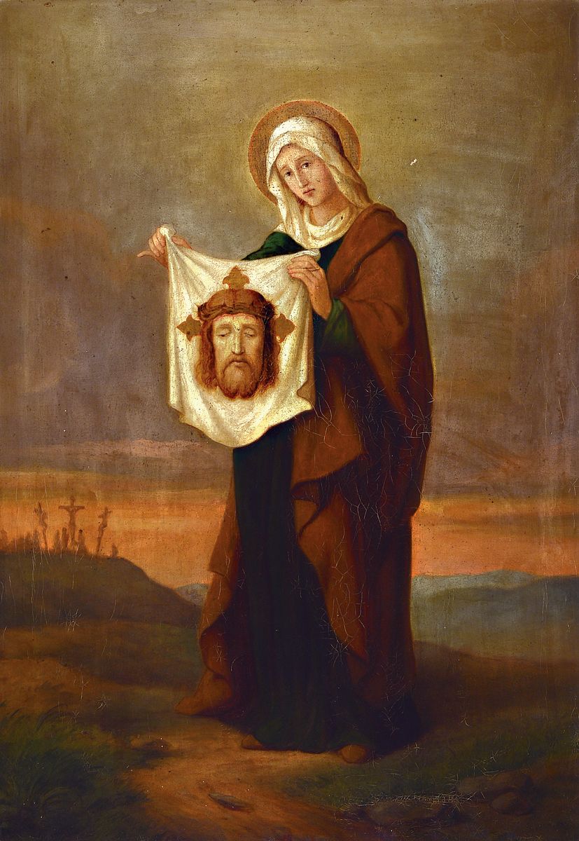 Heiligenbild, Ende 19.Jh., Hl. Veronika mit dem Schweißtuch Christi, hintergründig der Golgatha-Hügel, unsigniert, Öl/Lwd, Reinigung empfohlen, ...