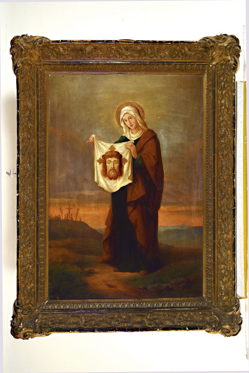 Detail k: Heiligenbild, Ende 19.Jh., Hl. Veronika mit dem Schweißtuch Christi, hintergründig der Golgatha-Hügel, unsigniert, Öl/Lwd, Reinigung empfohlen, ...